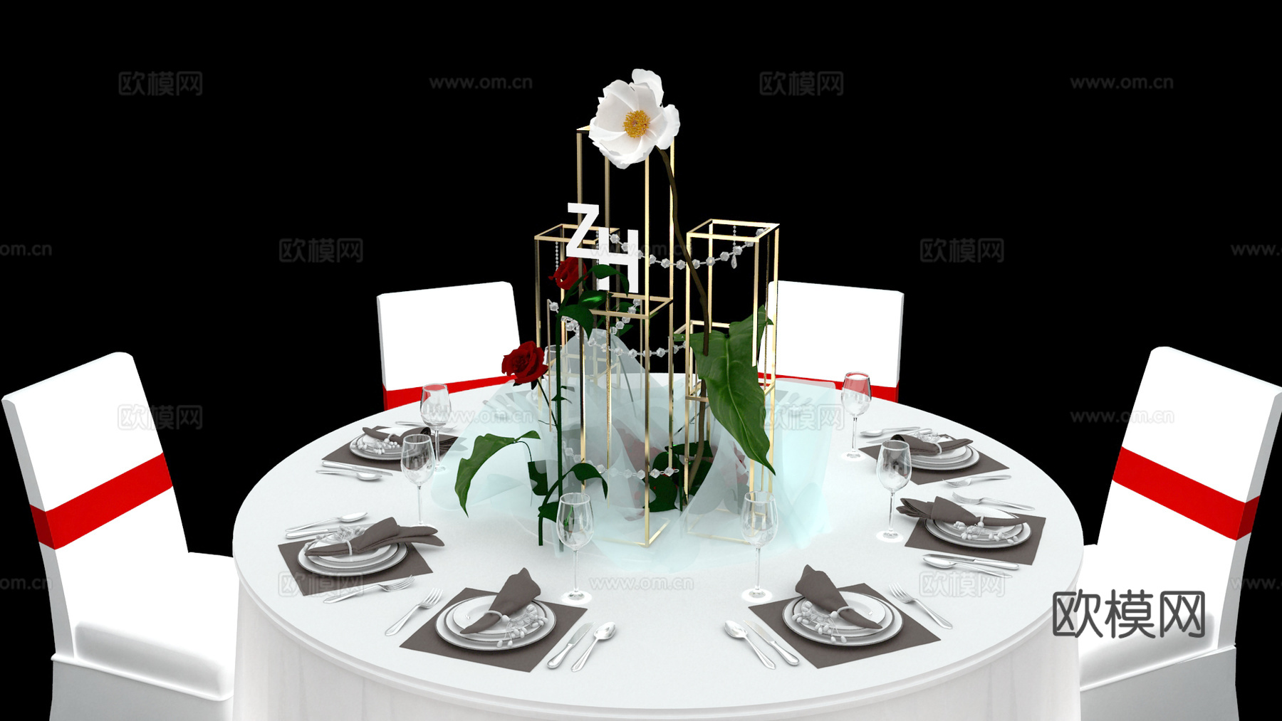 新中式餐桌 婚礼 花 草3d模型