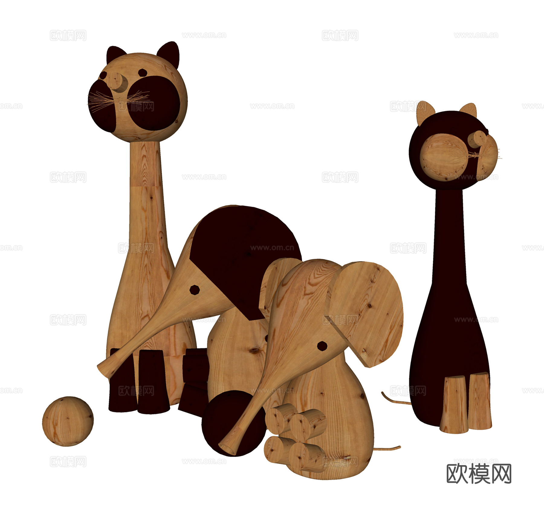现代儿童饰品玩具  原木动物形状玩具  饰品摆件su模型