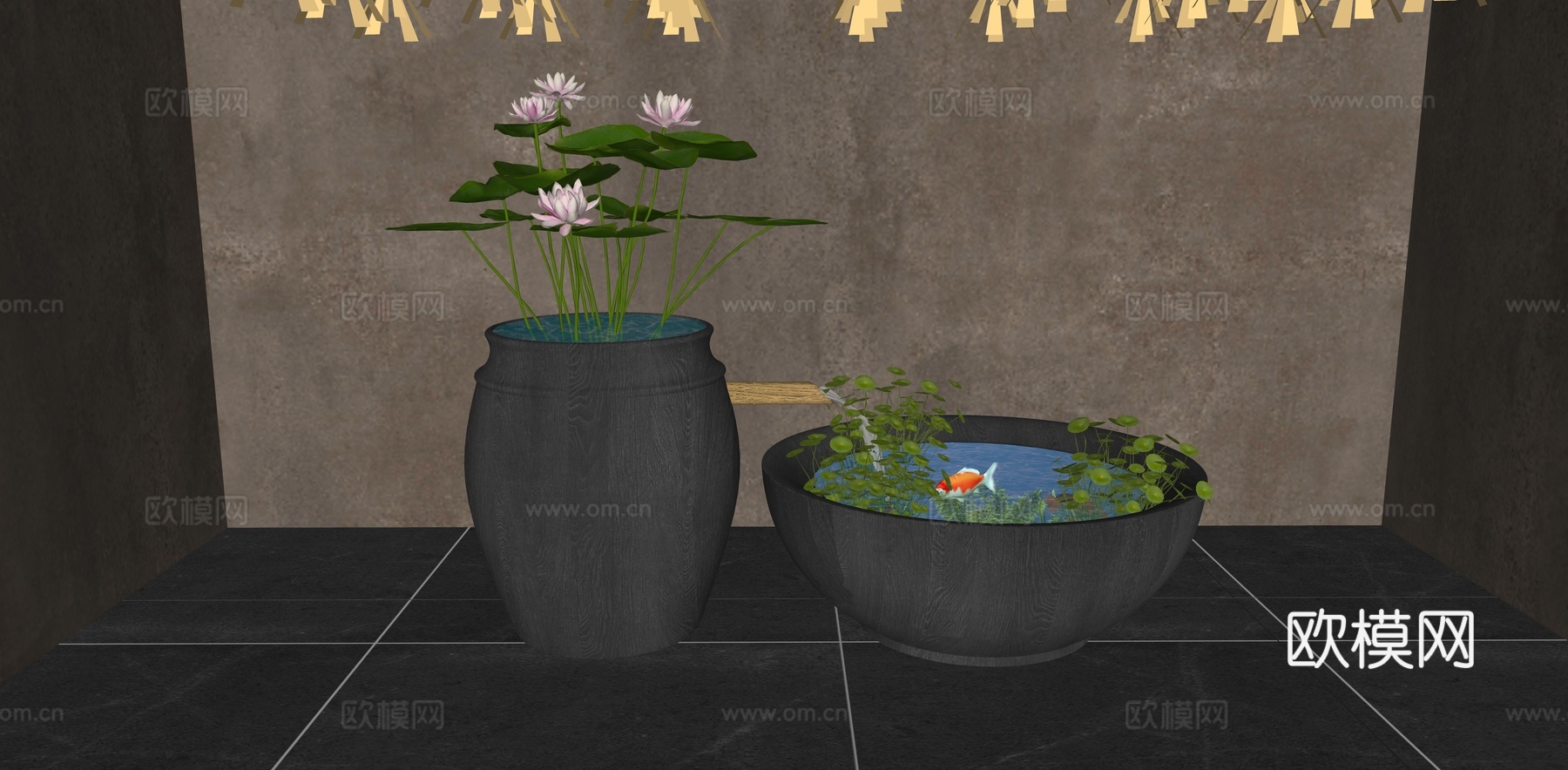 新中式庭院小品 流水水景 荷花锦鲤 水缸 荷花缸养鱼 水缸古su模型