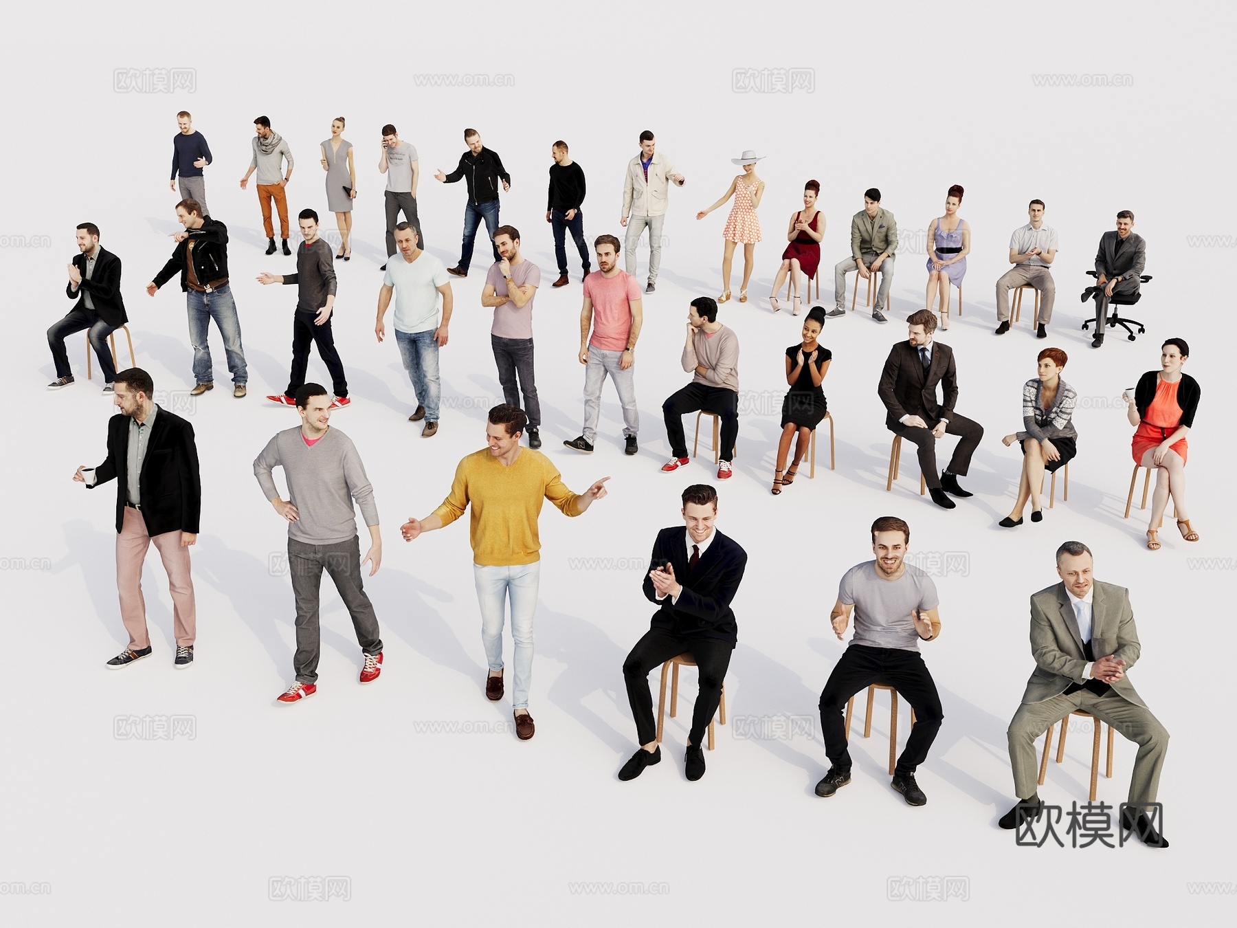 现代三维 人物多人 办公 休闲人物 坐姿 蹲姿人物组合3d模型