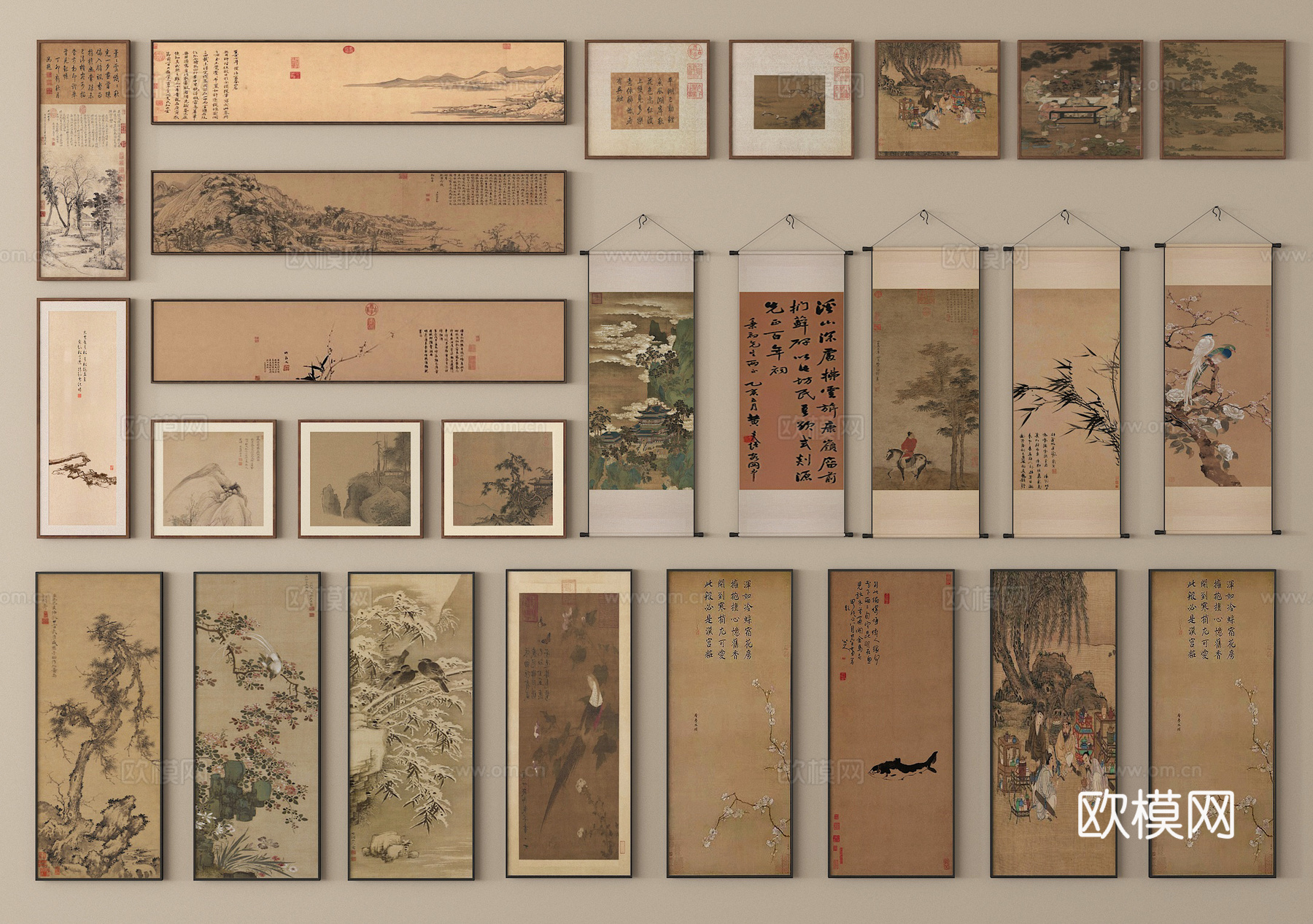 新中式禅意挂画 字画 国画 装饰画 山水画 画卷 宋式挂画su模型