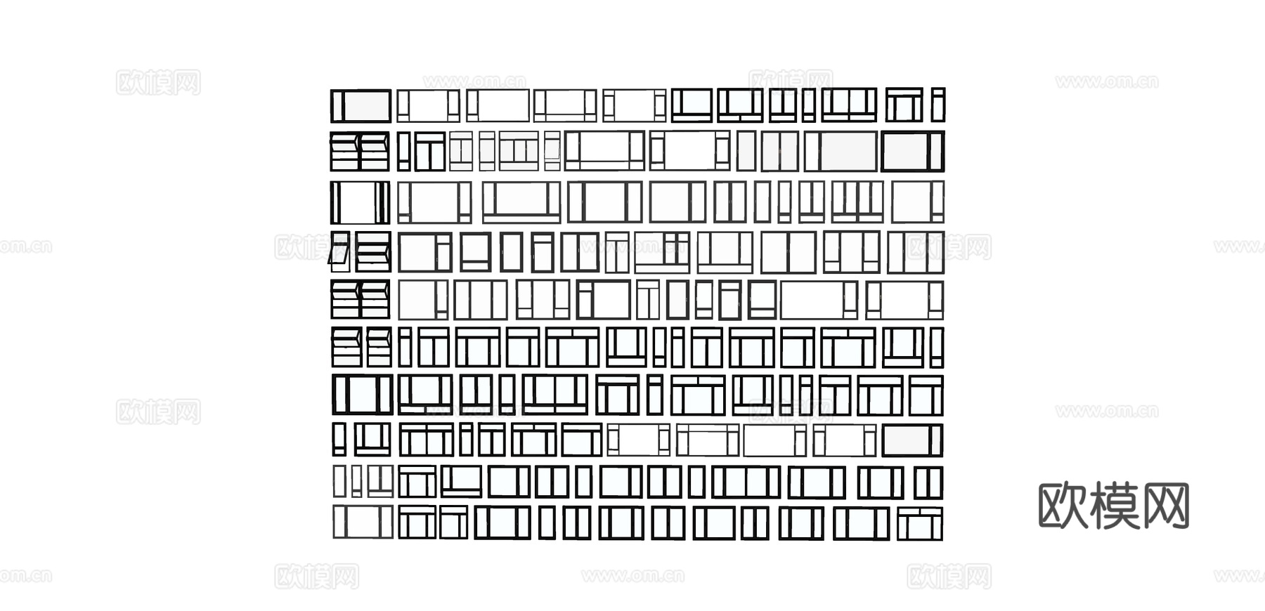 现代简约窗户模型 平开窗 推拉窗多类型 黑灰窗框 蓝灰玻璃su模型