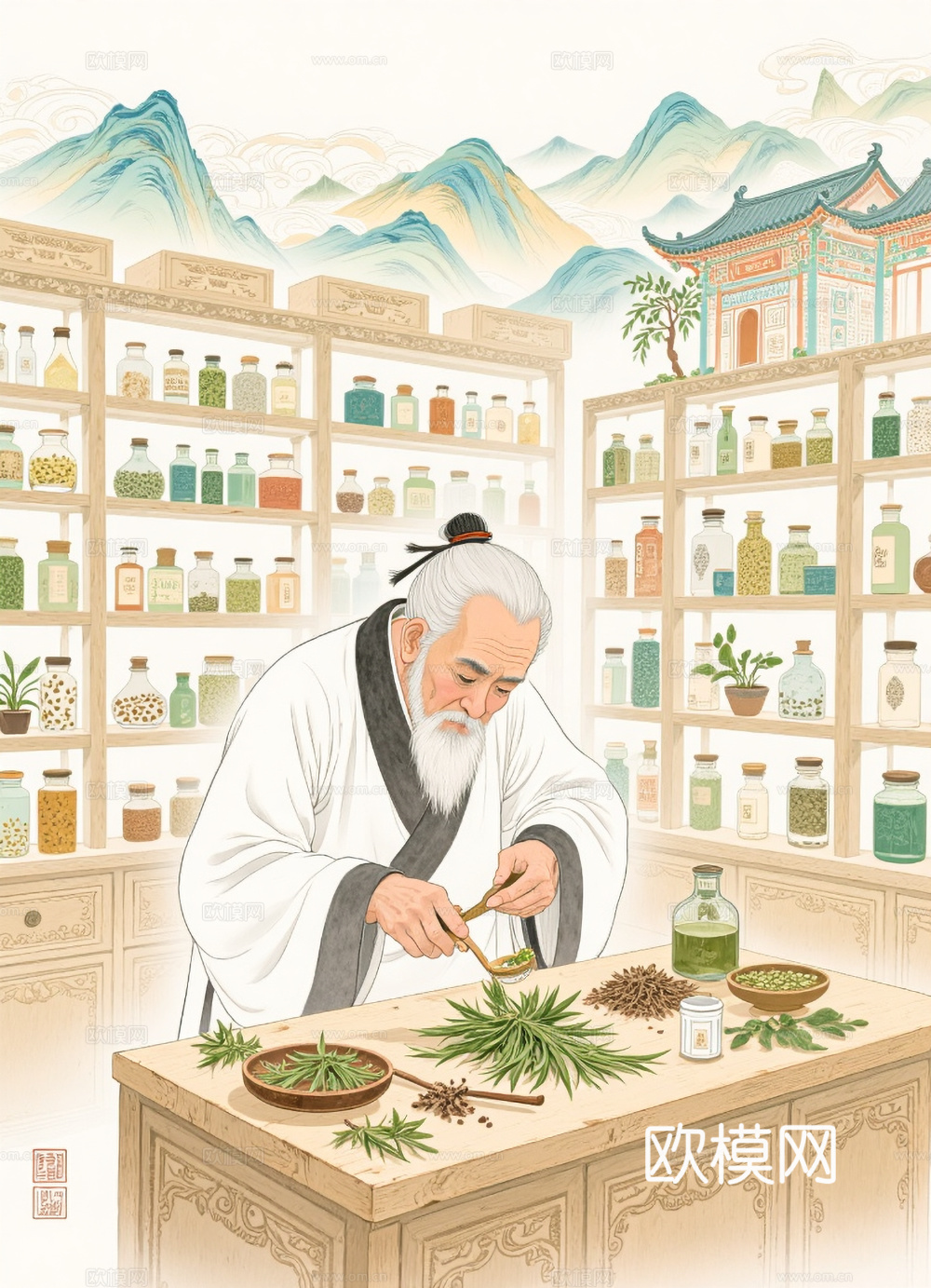 背景挂画 制药 中草药 药房