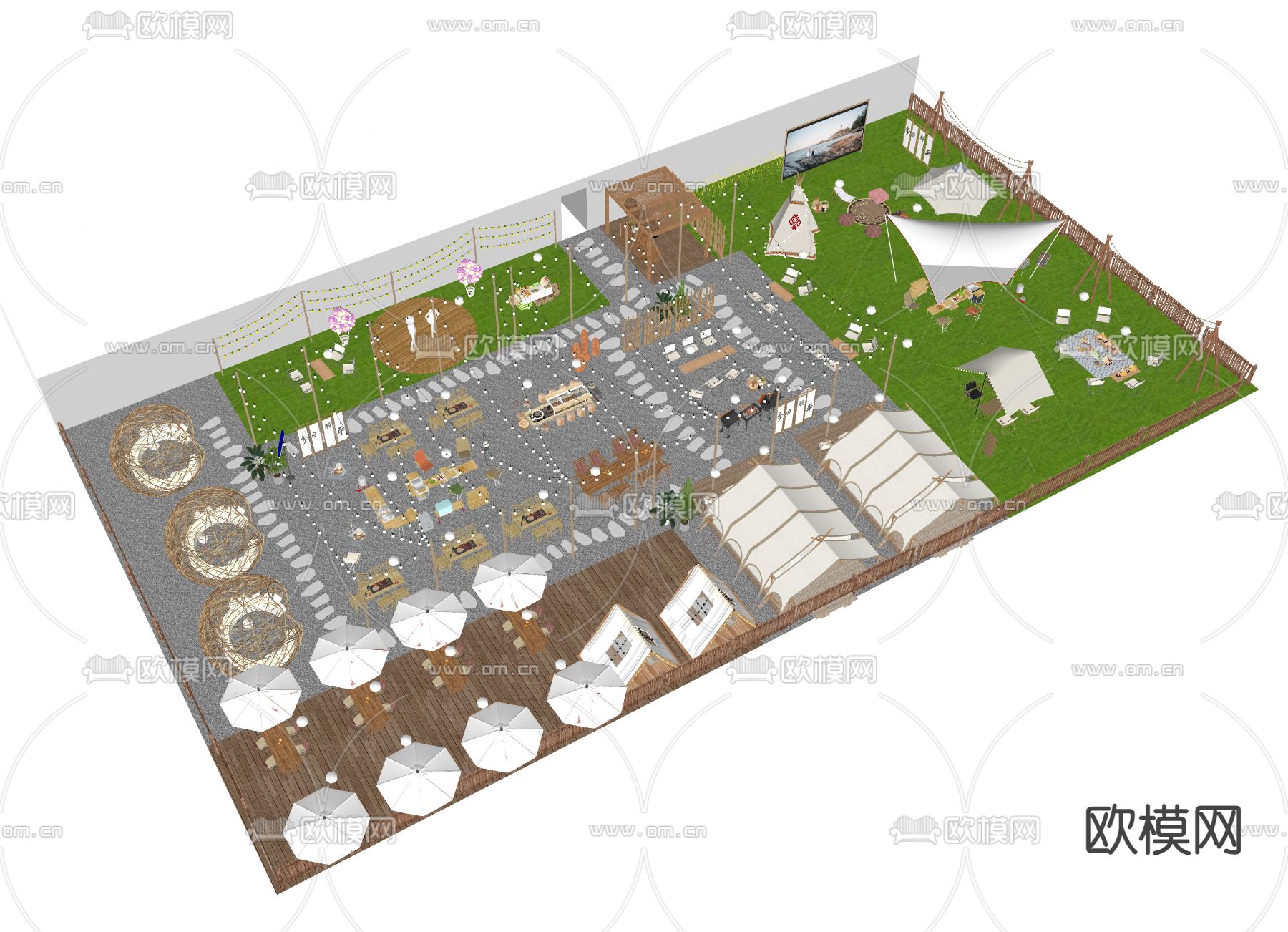 天台露营餐厅 屋顶烧烤su模型下载（渲染图2）