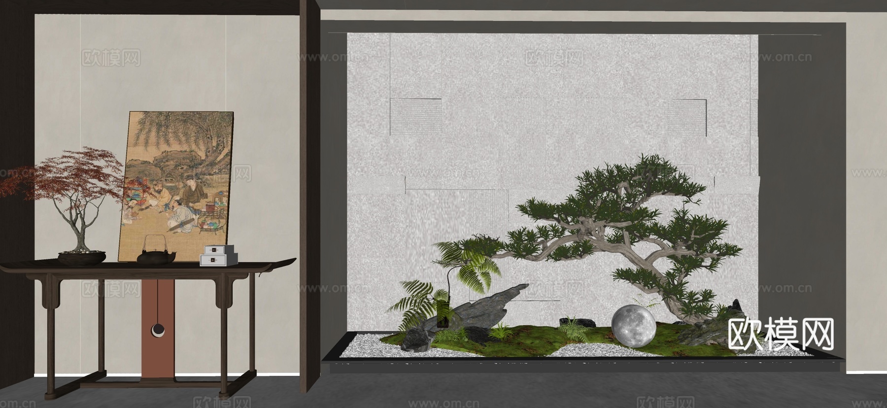 新中式室内景观 景观小品 室内景观造景 植物堆 植物组合su模型