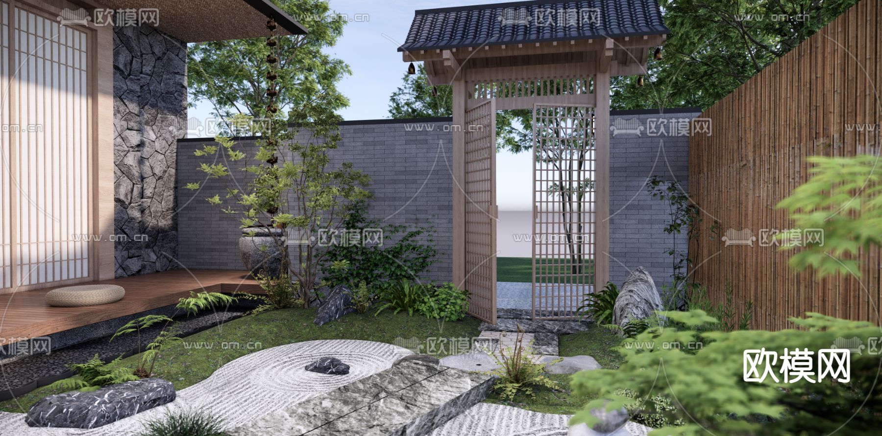 日式枯山水庭院花园su模型下载（渲染图7）