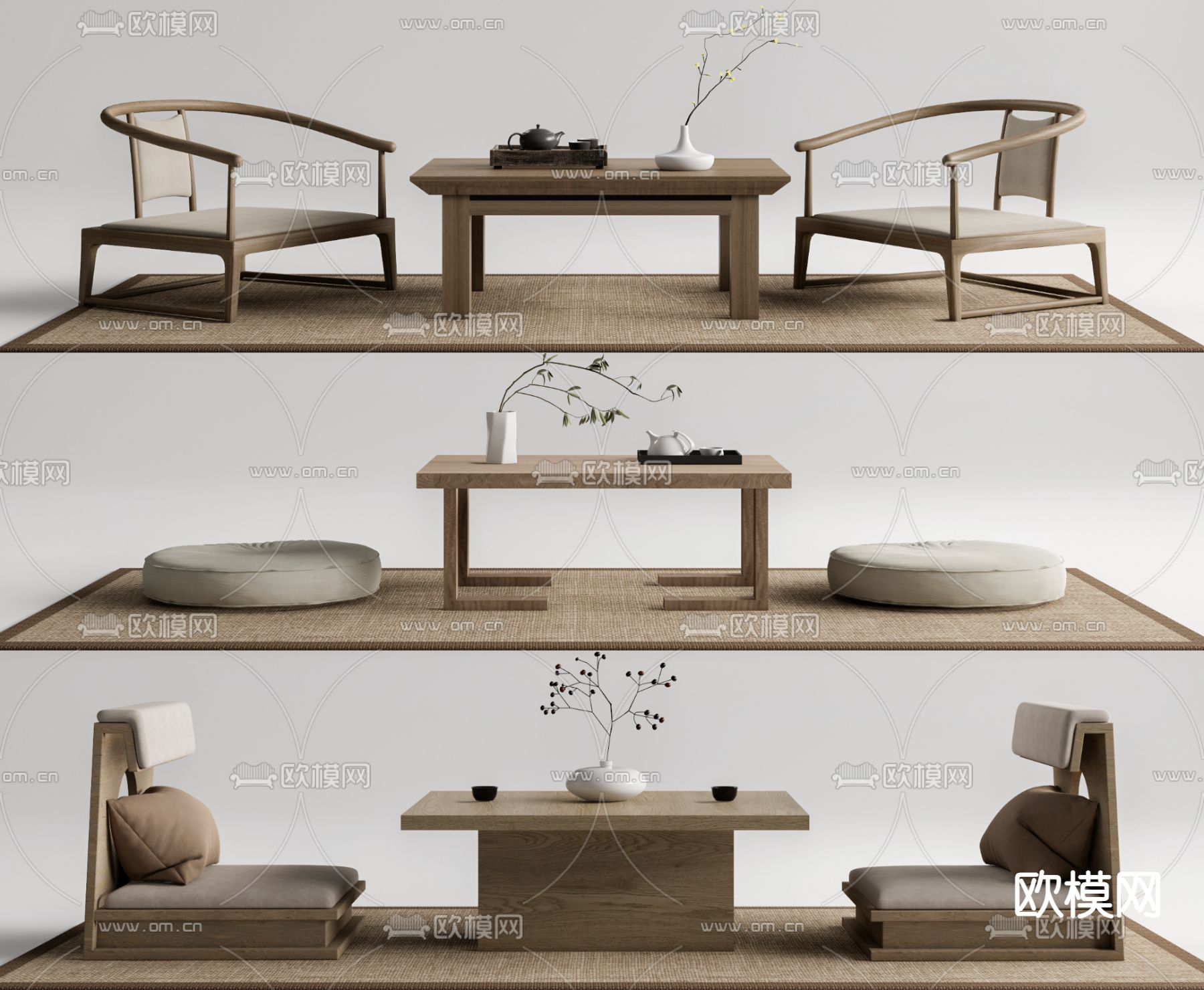 日式榻榻米茶桌 茶台su模型下载（渲染图1）