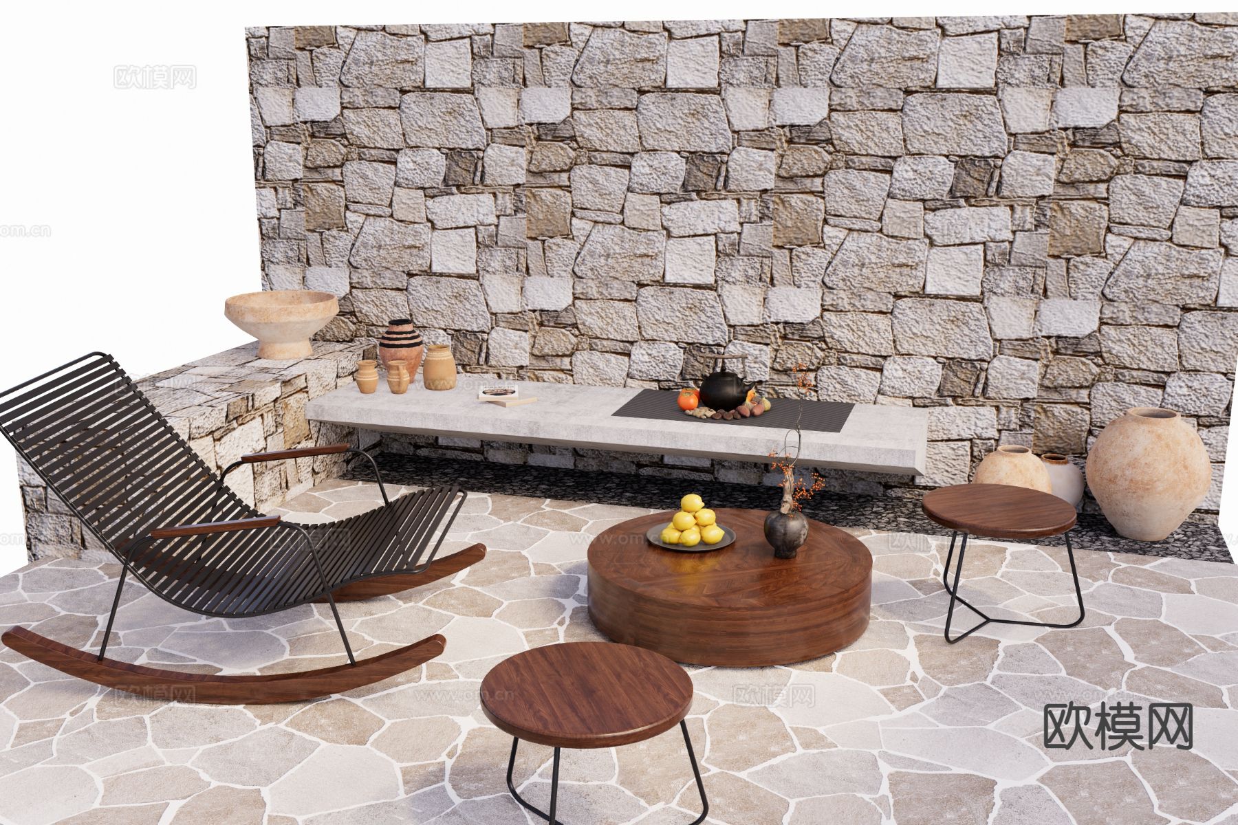 现代户外桌椅 摇椅su模型下载（渲染图2）
