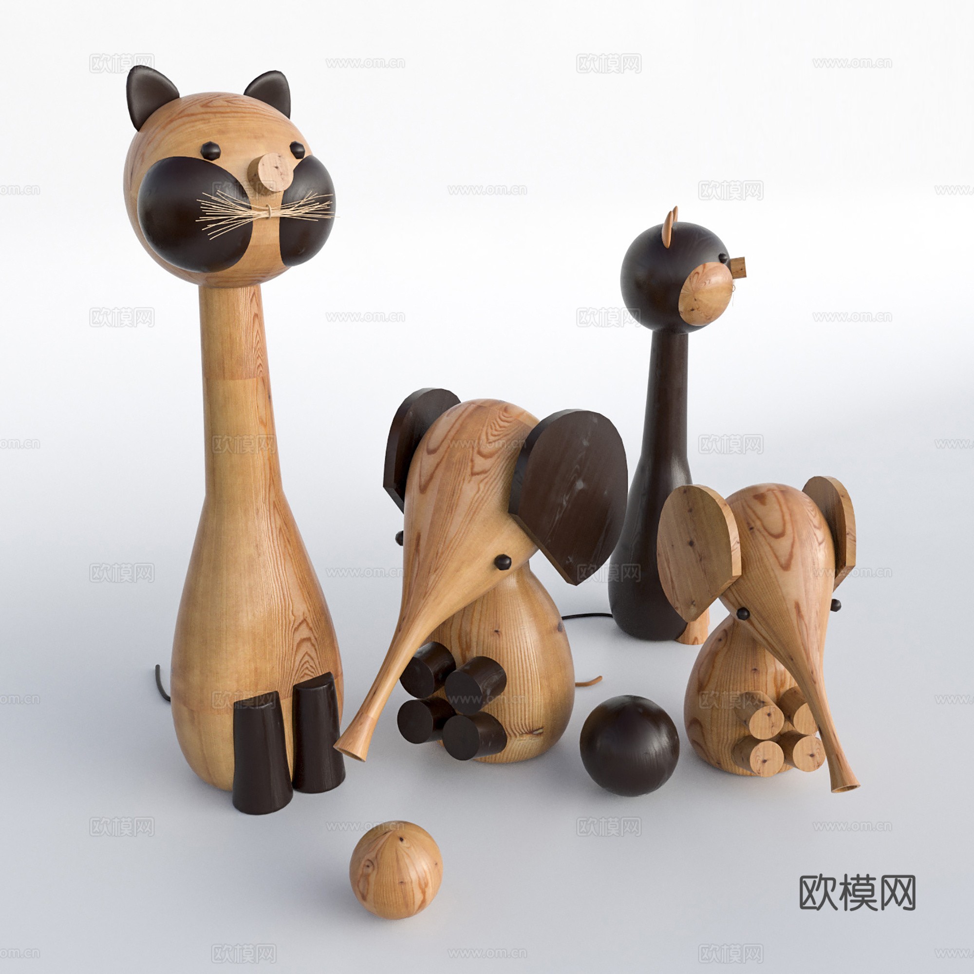 现代儿童饰品玩具  原木动物形状玩具  饰品摆件su模型