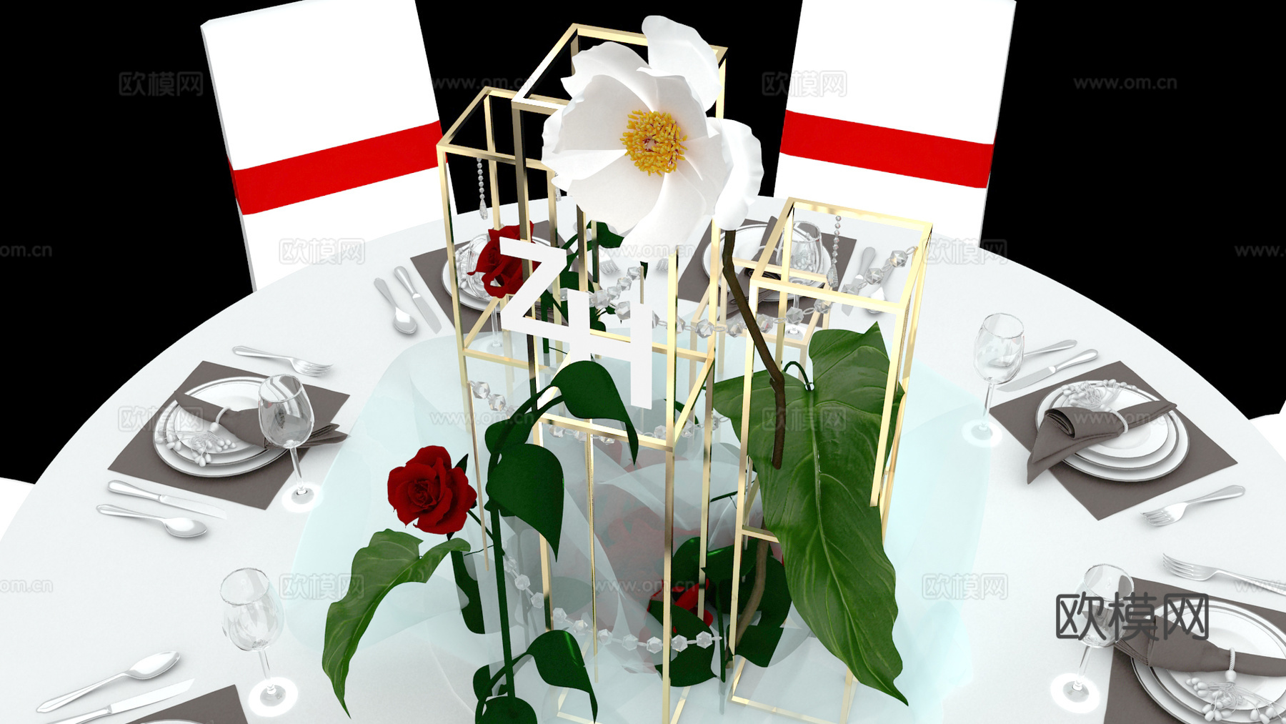 新中式餐桌 婚礼 花 草3d模型