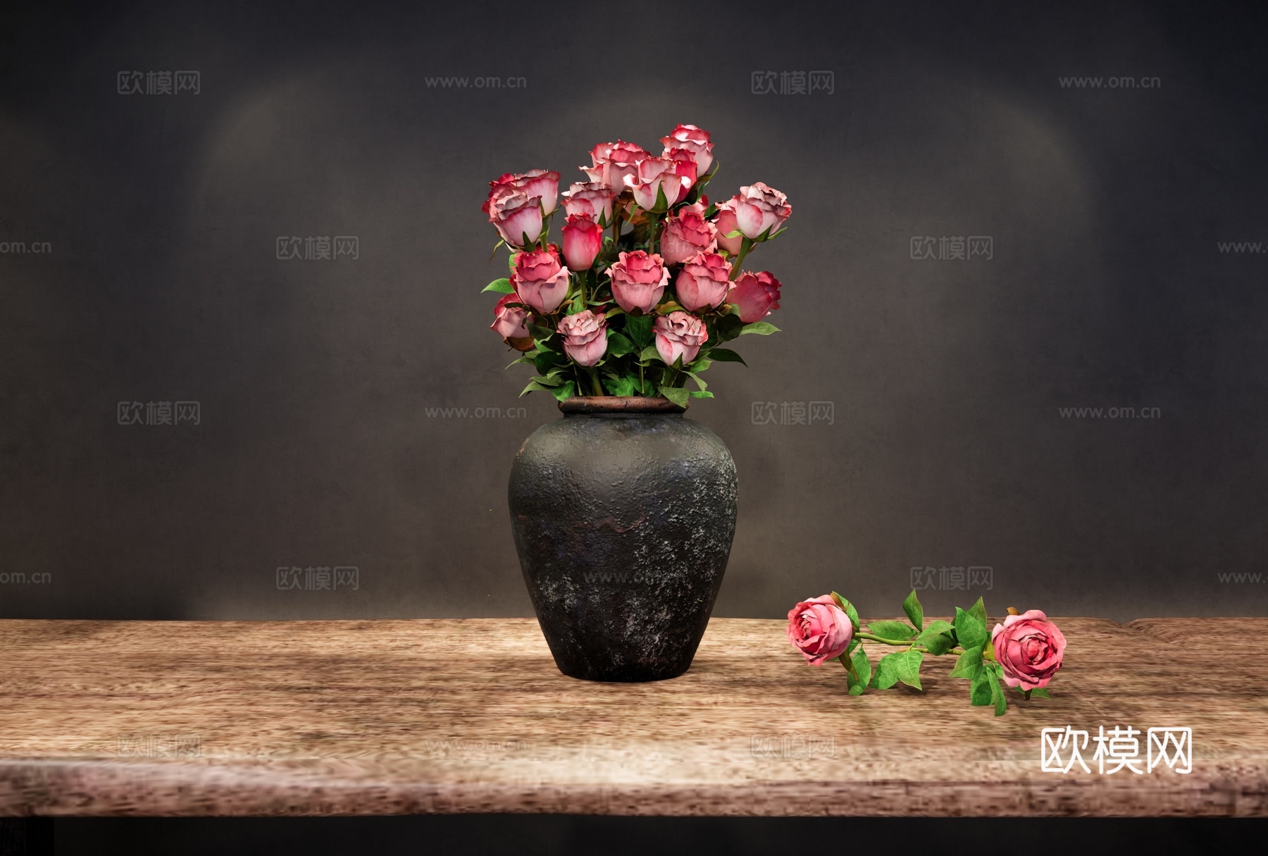 侘寂中式花艺 陶罐花瓶花艺 粉色玫瑰插花 花瓶装饰摆设su模型
