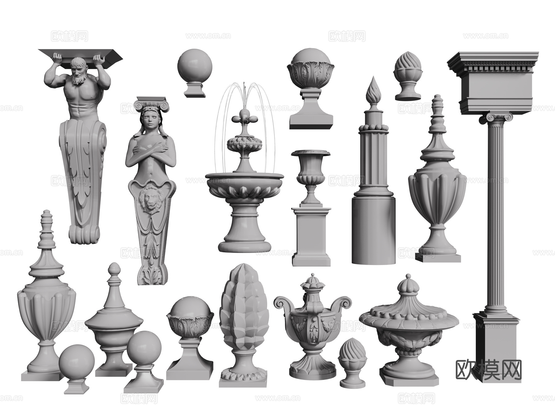 欧式石柱 喷泉 人物雕像柱 欧式石膏构建3d模型下载