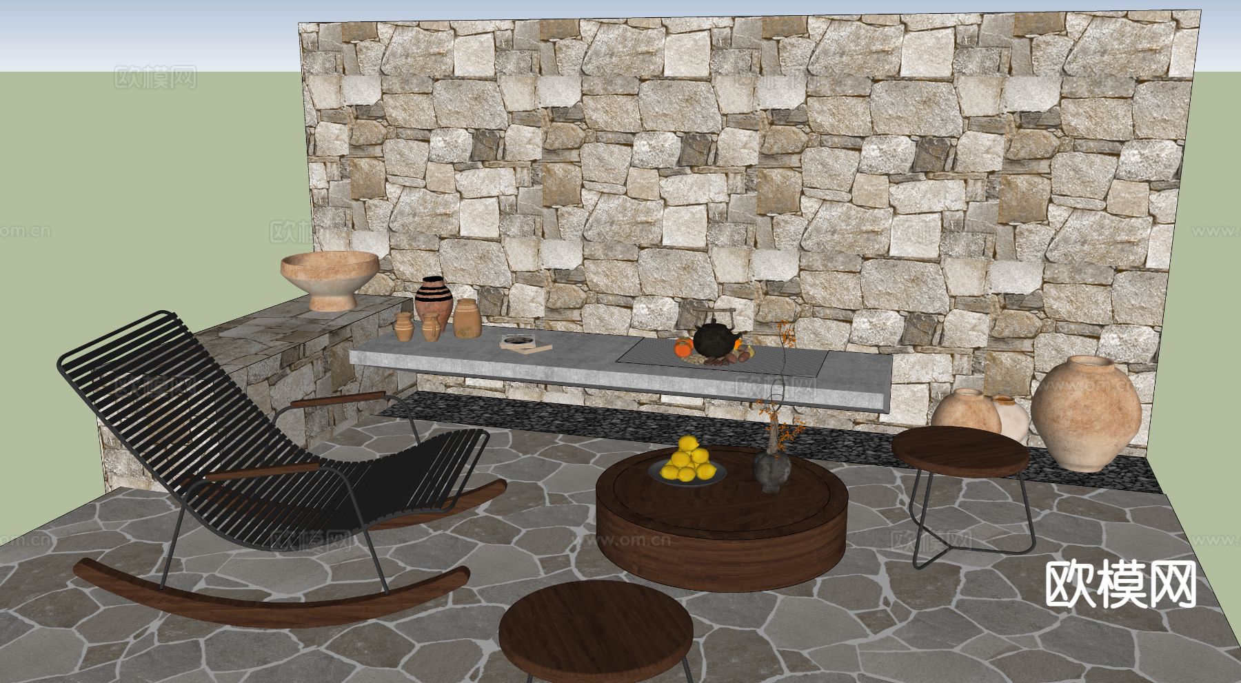 现代户外桌椅 摇椅su模型下载（渲染图1）