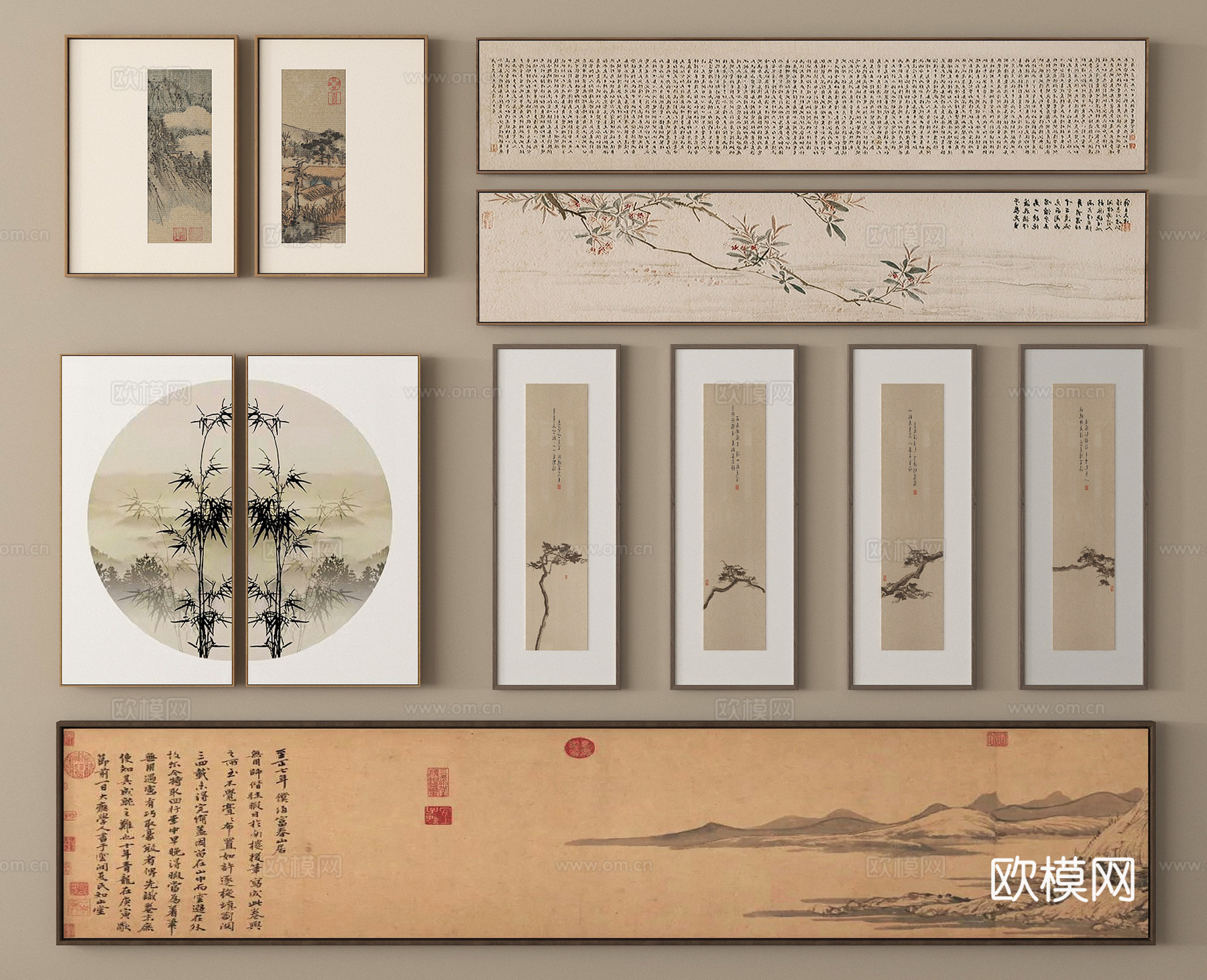新中式禅意挂画 字画 国画 装饰画 山水画 宋式挂画su模型