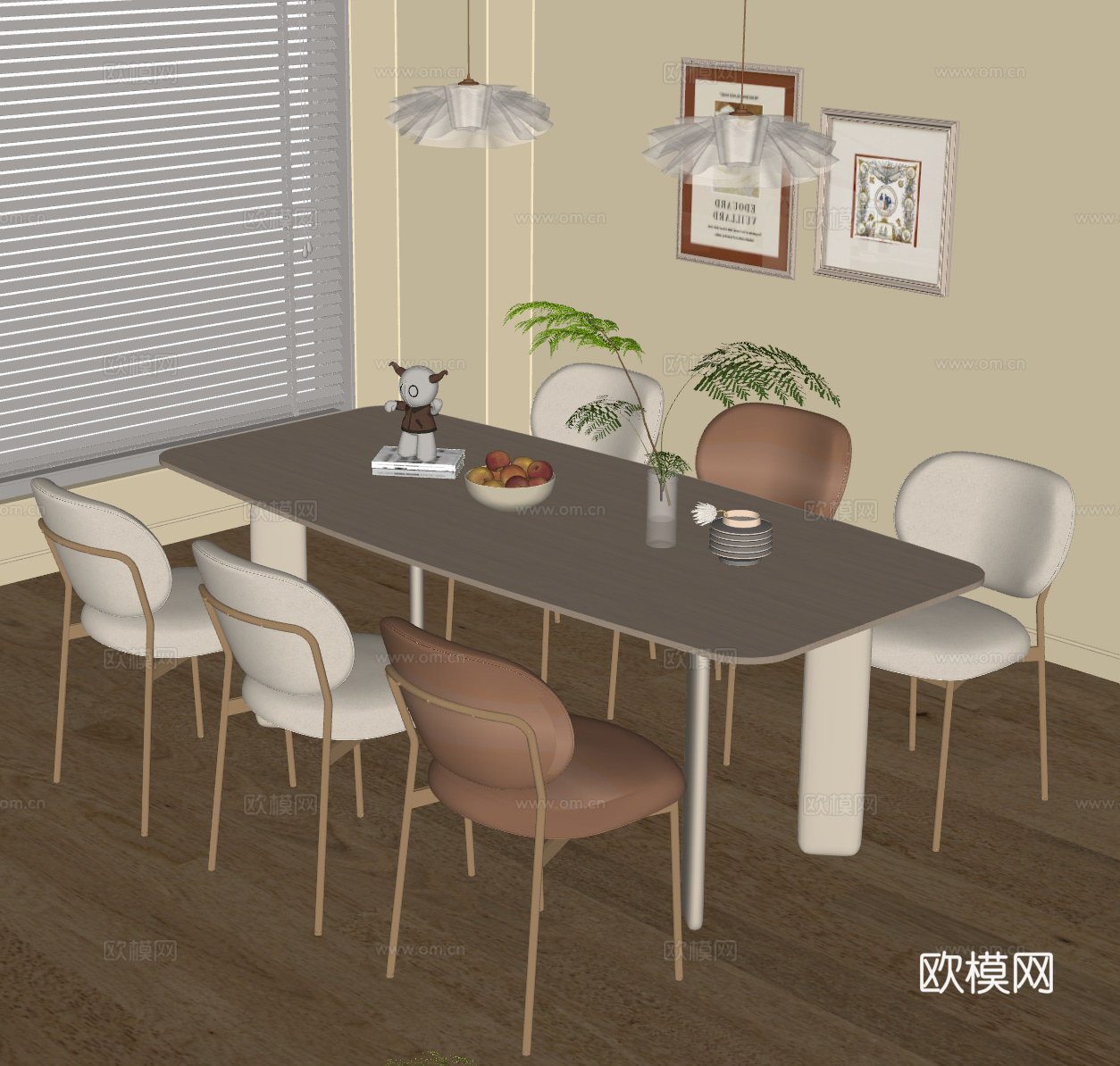 现代奶油风餐桌椅su模型
