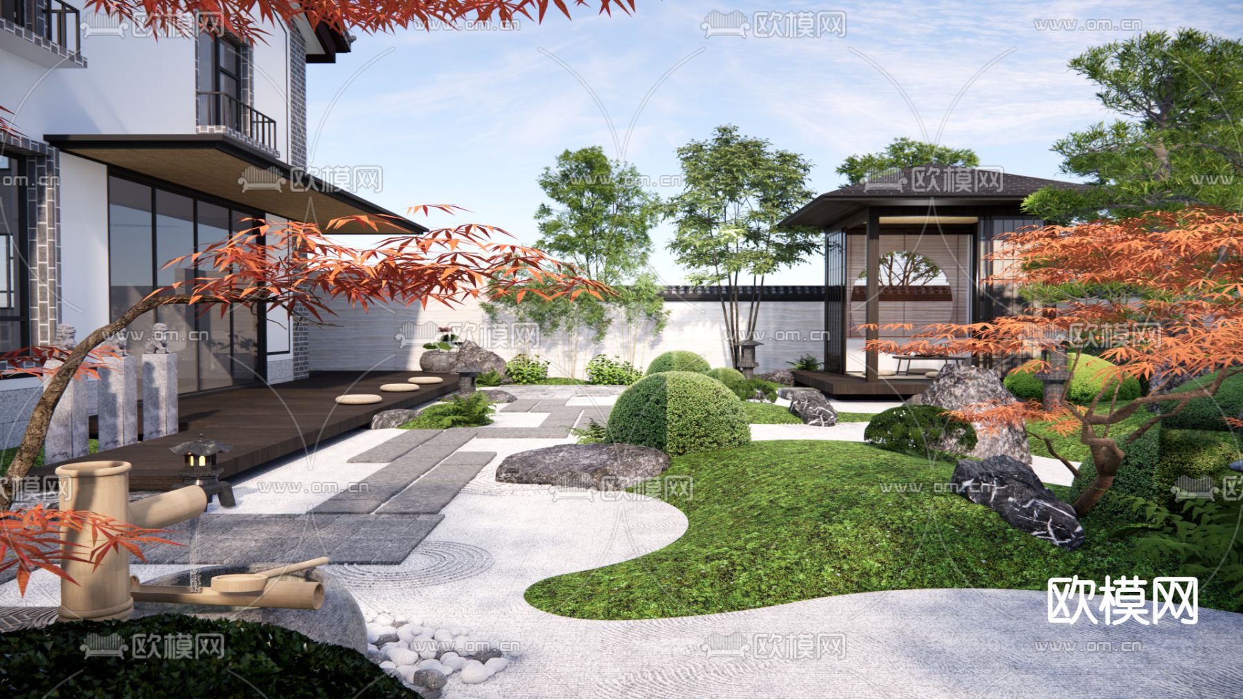 日式枯山水庭院花园su模型下载（渲染图2）