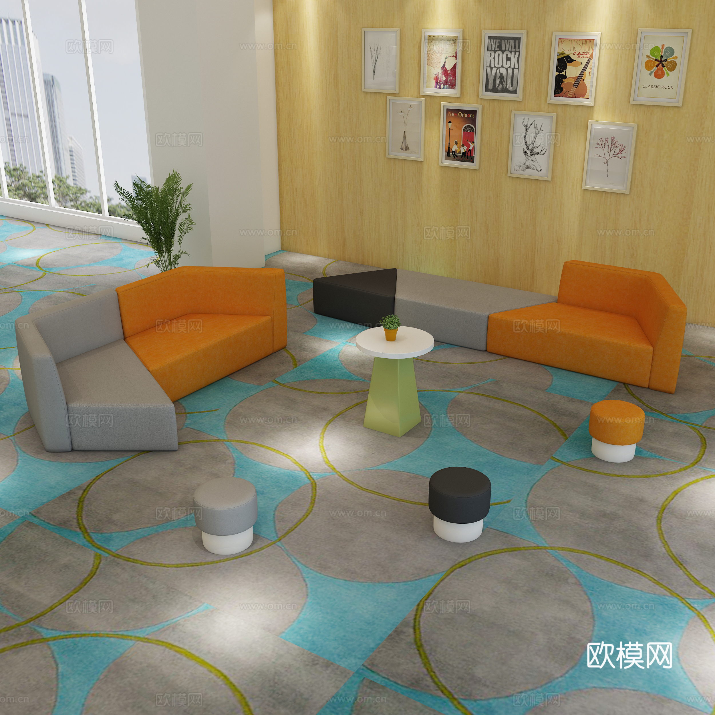 现代休闲区 休闲沙发 休闲茶几 小蘑菇凳 组合沙发3d模型