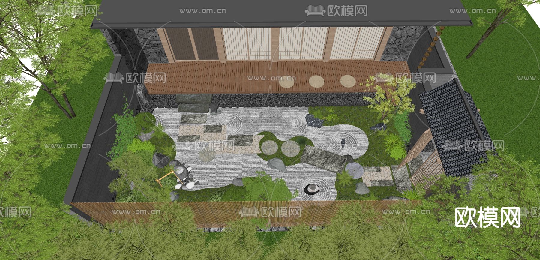 日式枯山水庭院花园su模型下载（渲染图6）