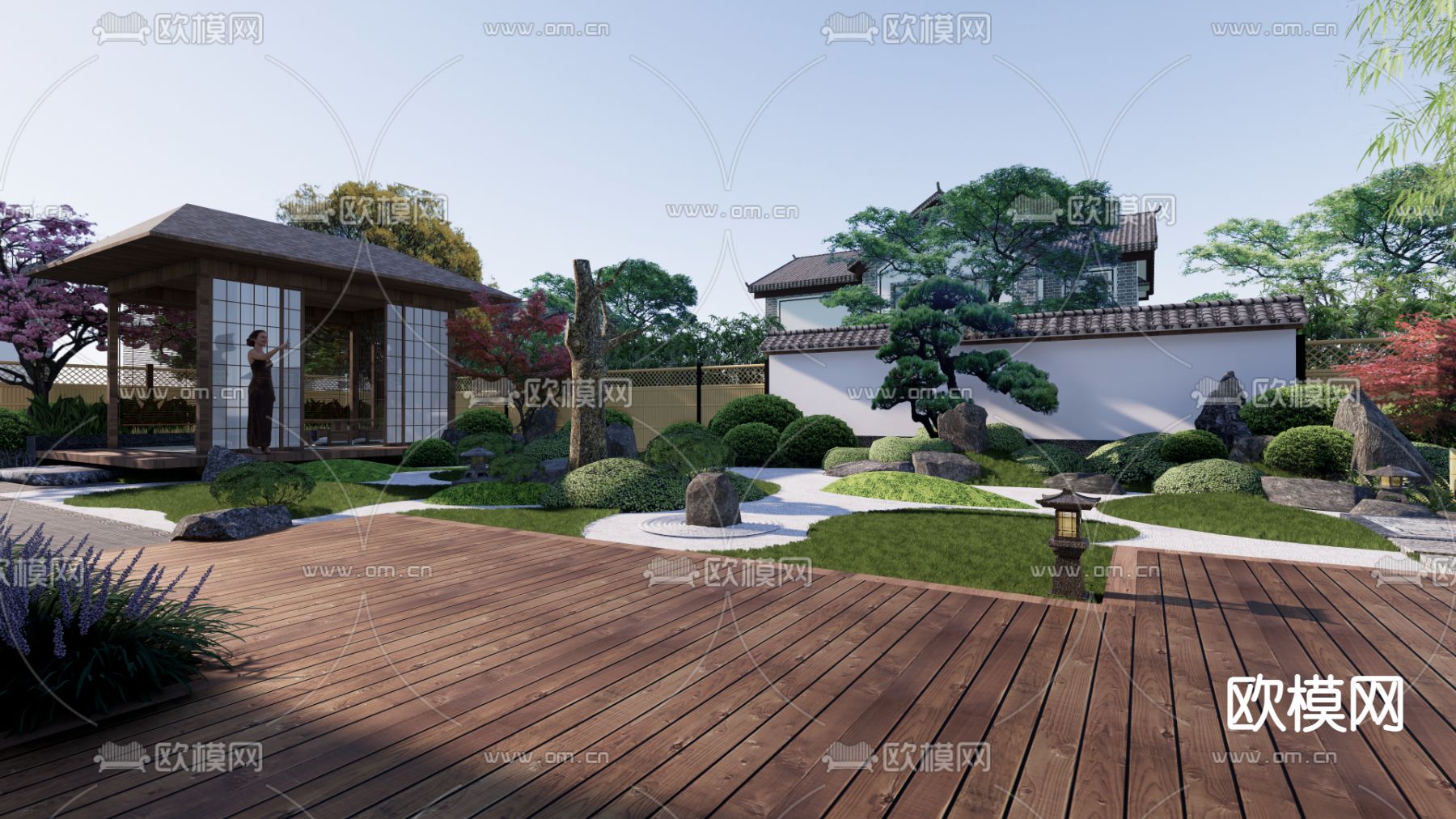 日式枯山水庭院花园su模型下载（渲染图1）