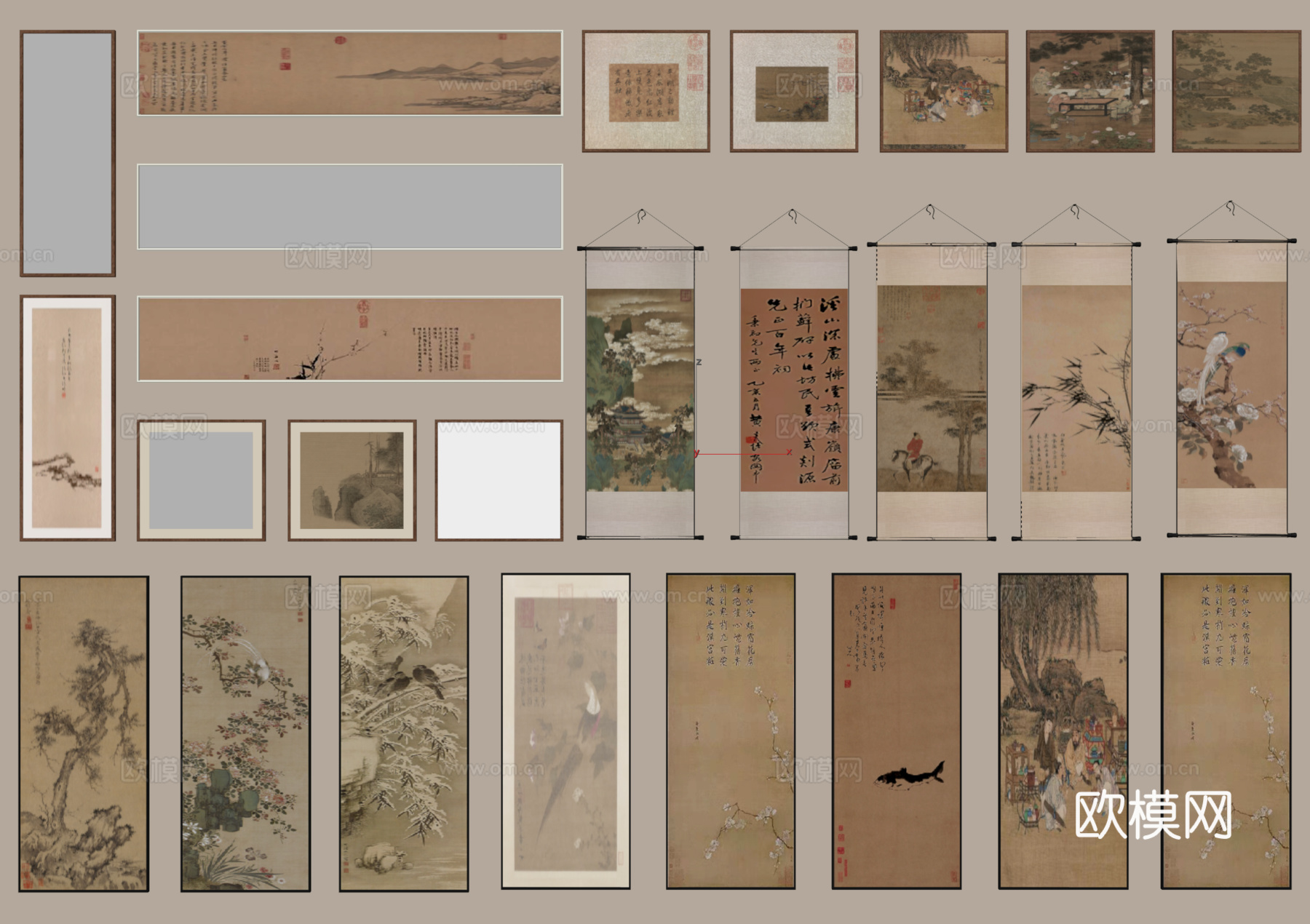 新中式禅意挂画 字画 国画 装饰画 山水画 画卷 宋式挂画su模型