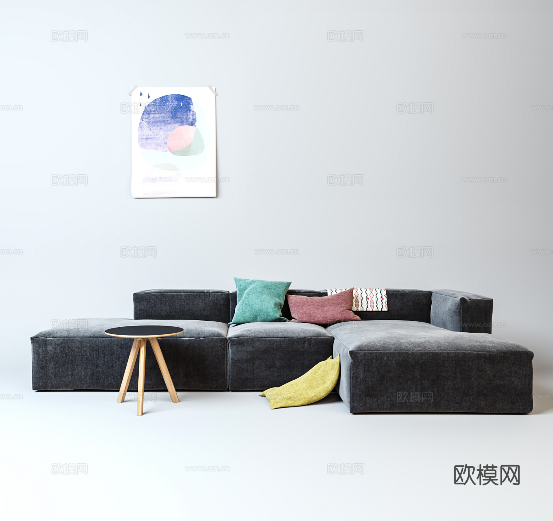 北欧风休闲沙发  转角沙发 布艺沙发  沙发抱枕挂画su模型