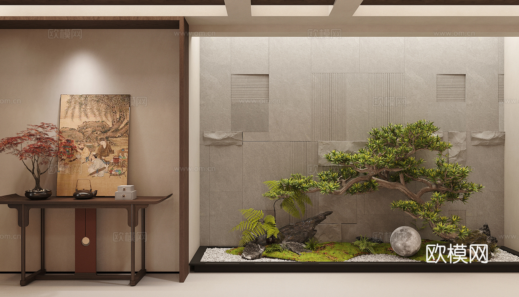 新中式室内景观 景观小品 室内景观造景 植物堆 植物组合3d模型
