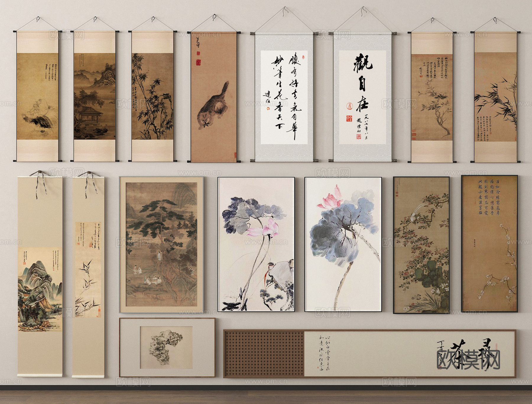 新中式禅意挂画 字画 国画 装饰画 山水画 画卷su模型