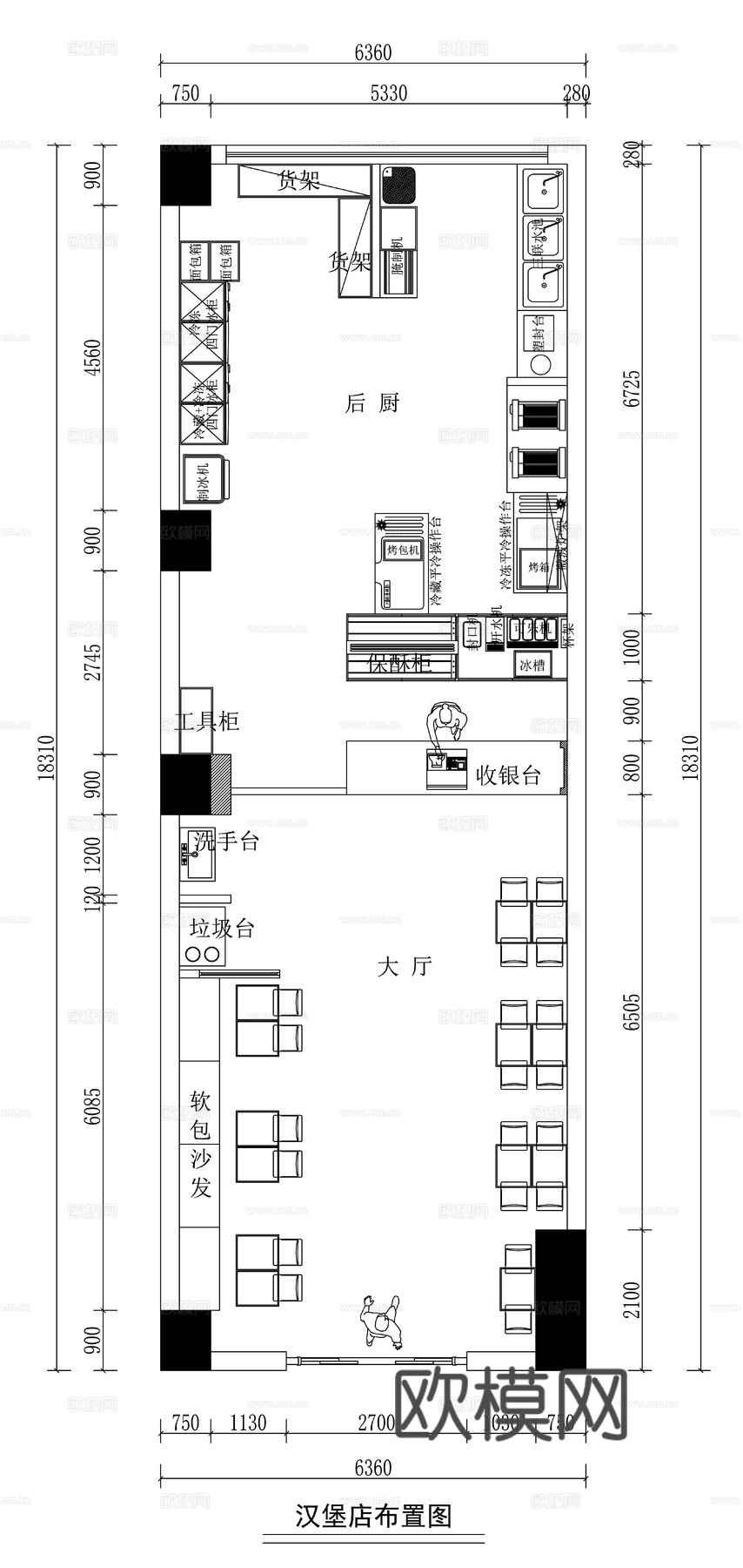 现代汉堡店平面方案图cad施工图
