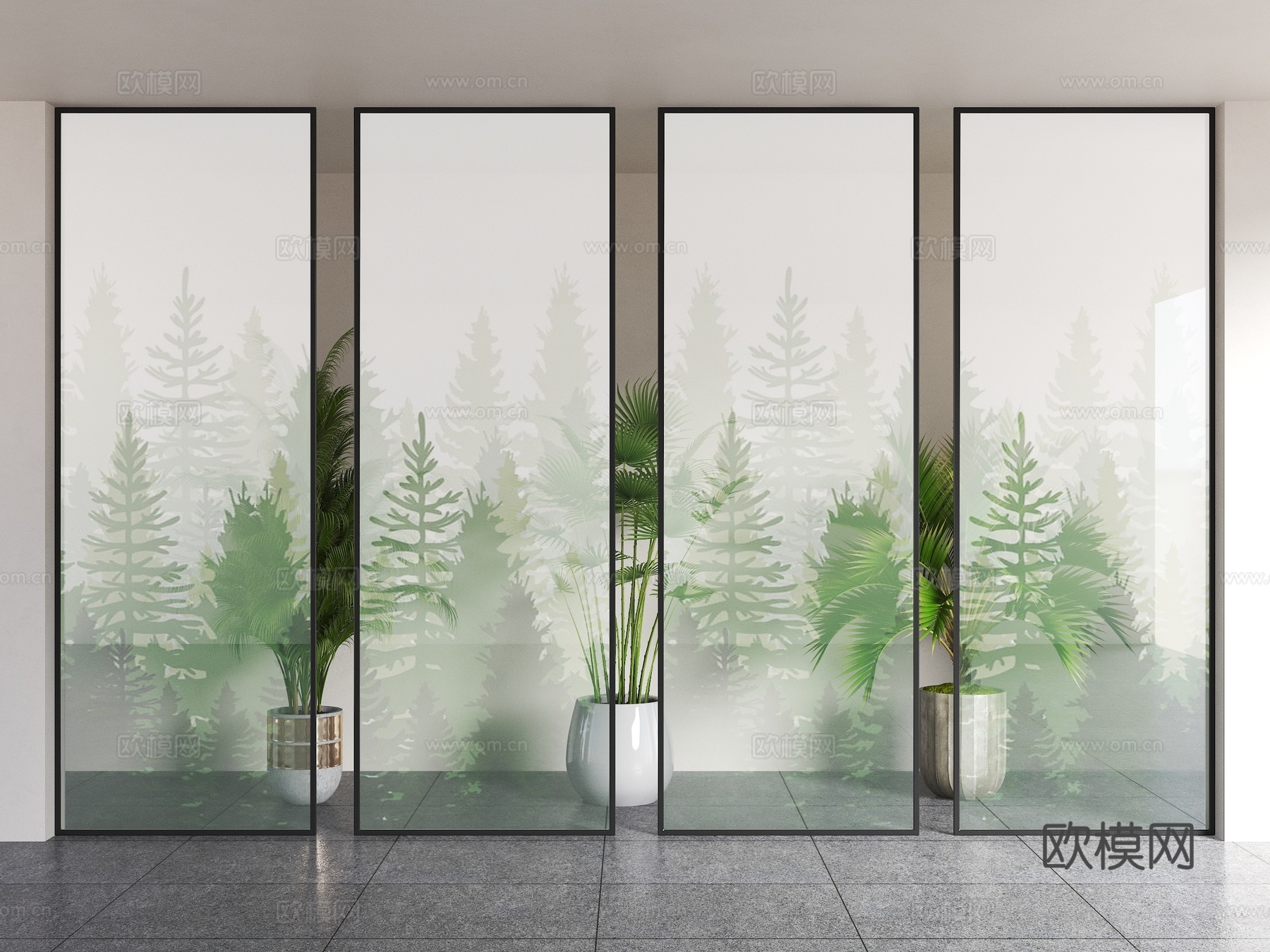 现代磨砂玻璃 竹子软膜玻璃 绿植玻璃 磨砂绿植玻璃隔断 植物su模型