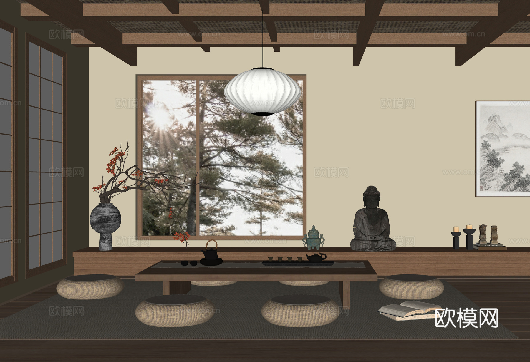 日式榻榻米茶室 茶桌椅 花瓶花艺 吊灯 佛像su模型