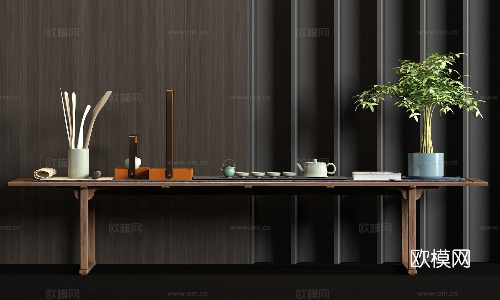 新中式实木茶桌茶具饰品组合3d模型
