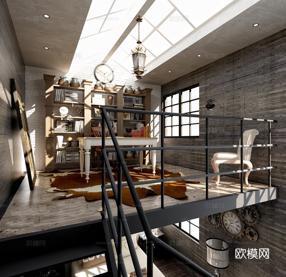 北欧书房 书房 书柜 桌子 吊灯 时钟3d模型