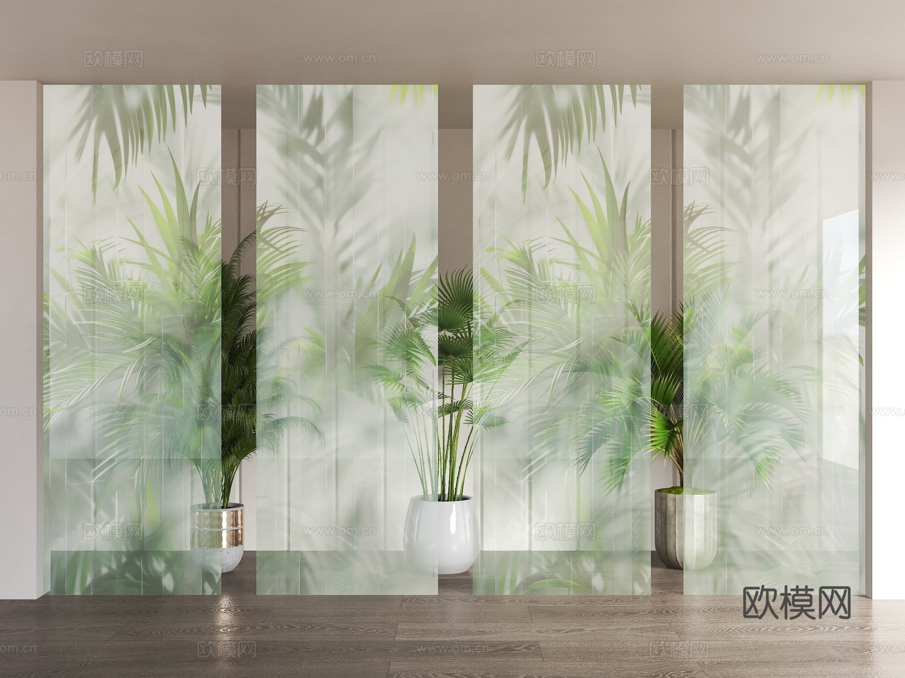 现代磨砂玻璃 竹子软膜玻璃 绿植玻璃 磨砂绿植玻璃隔断 植物su模型
