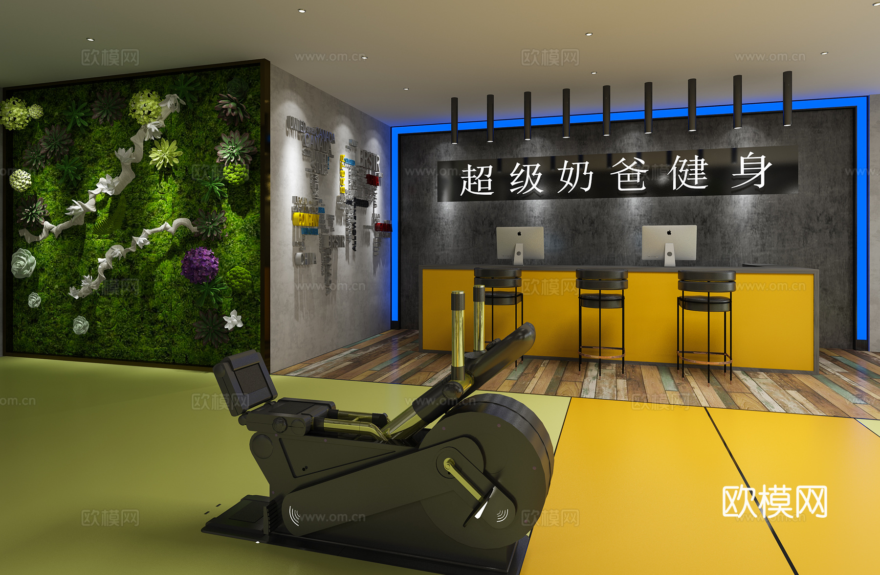 工业风现代健身房 健身器材 背景墙饰 吊顶吊灯 运动器材3d模型