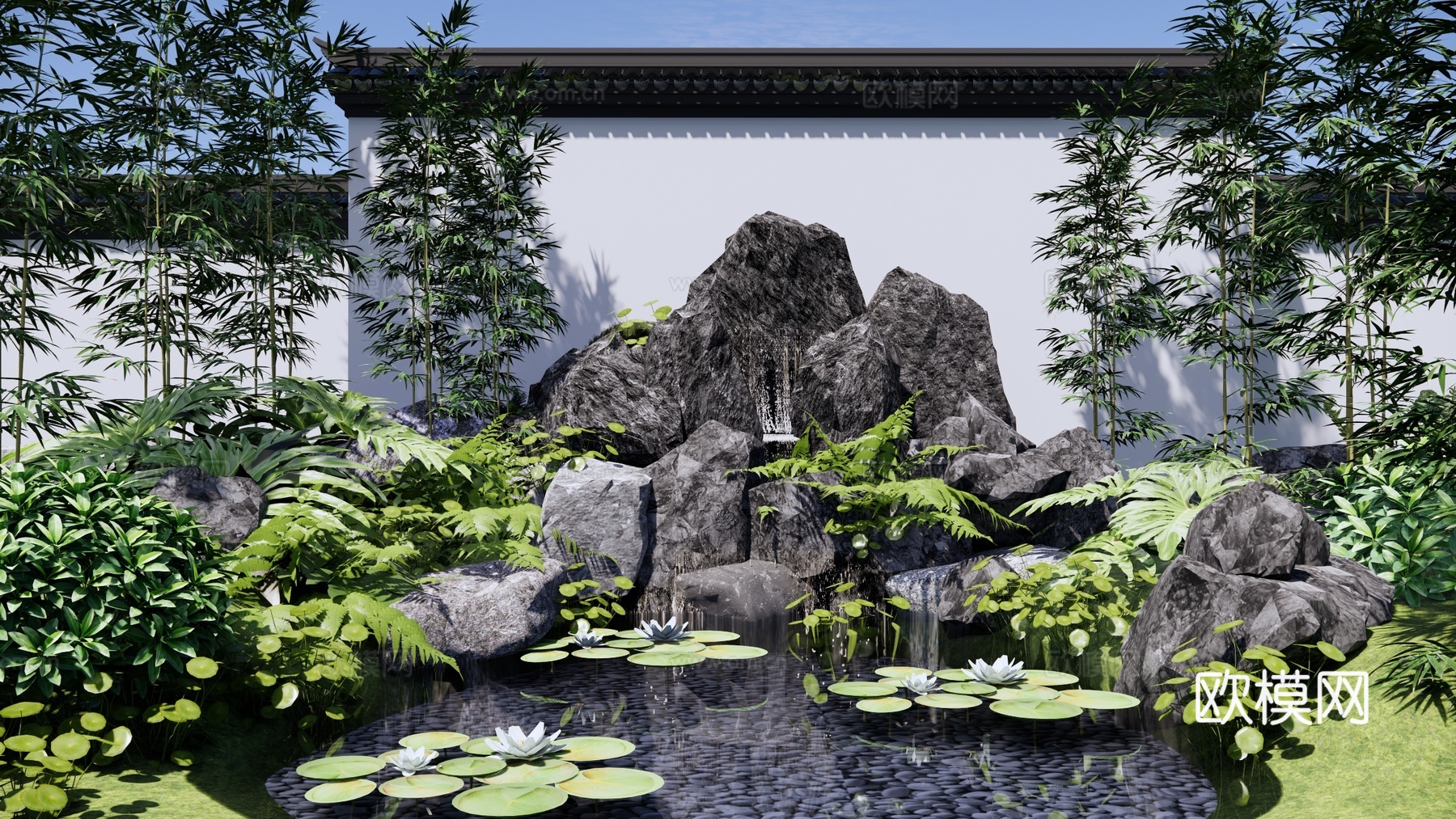 假山跌水景观 园林景观水池 假山叠水 庭园景观石头 植物组合su模型