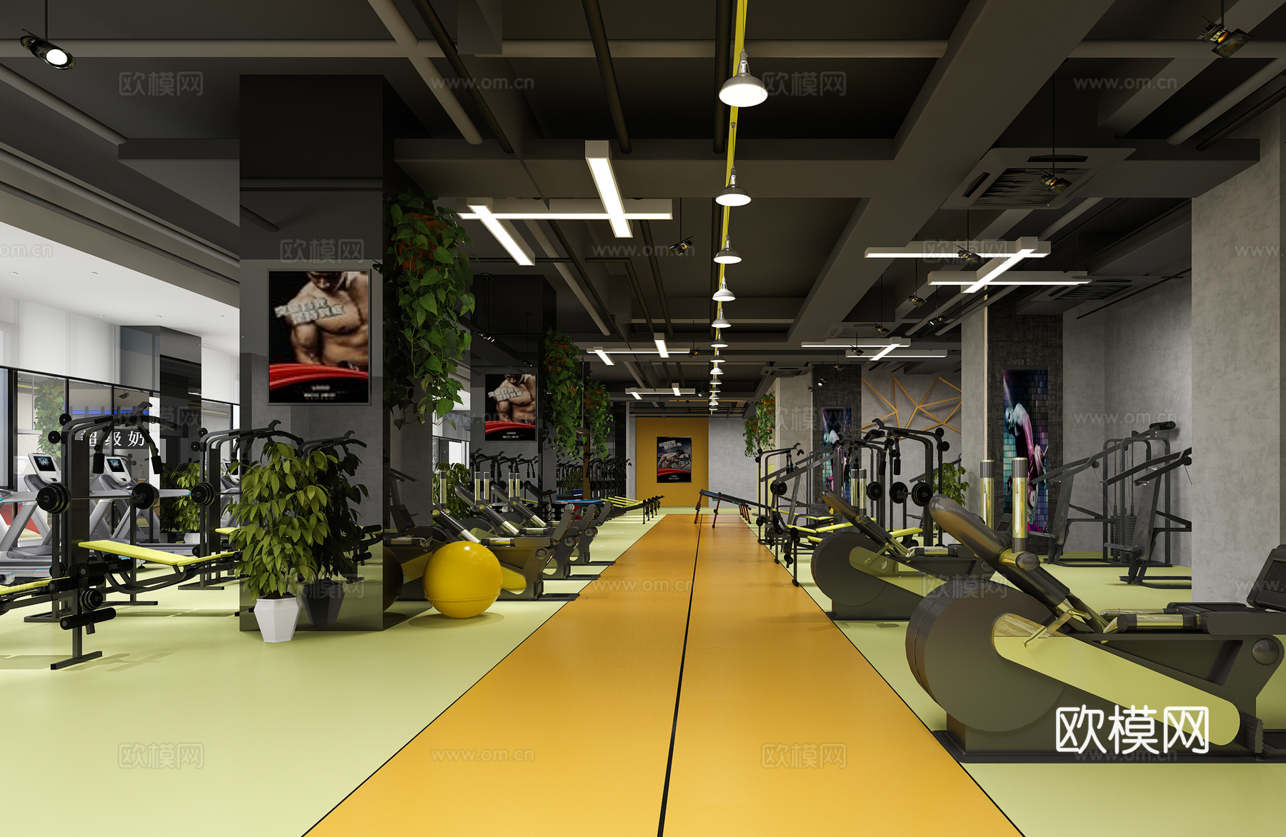 工业风现代健身房 健身器材 背景墙饰 吊顶吊灯 运动器材3d模型