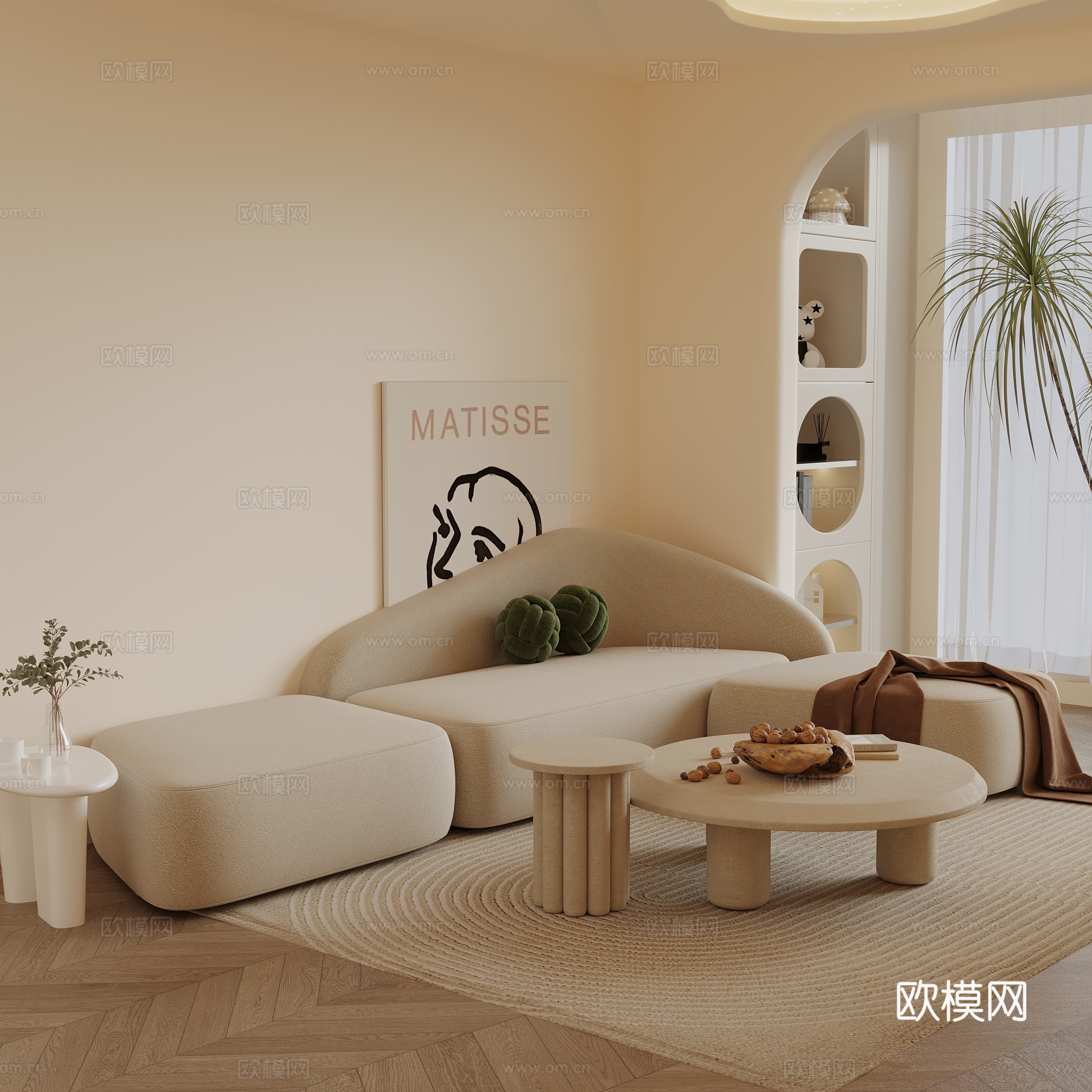 现代奶油风转角沙发3d模型