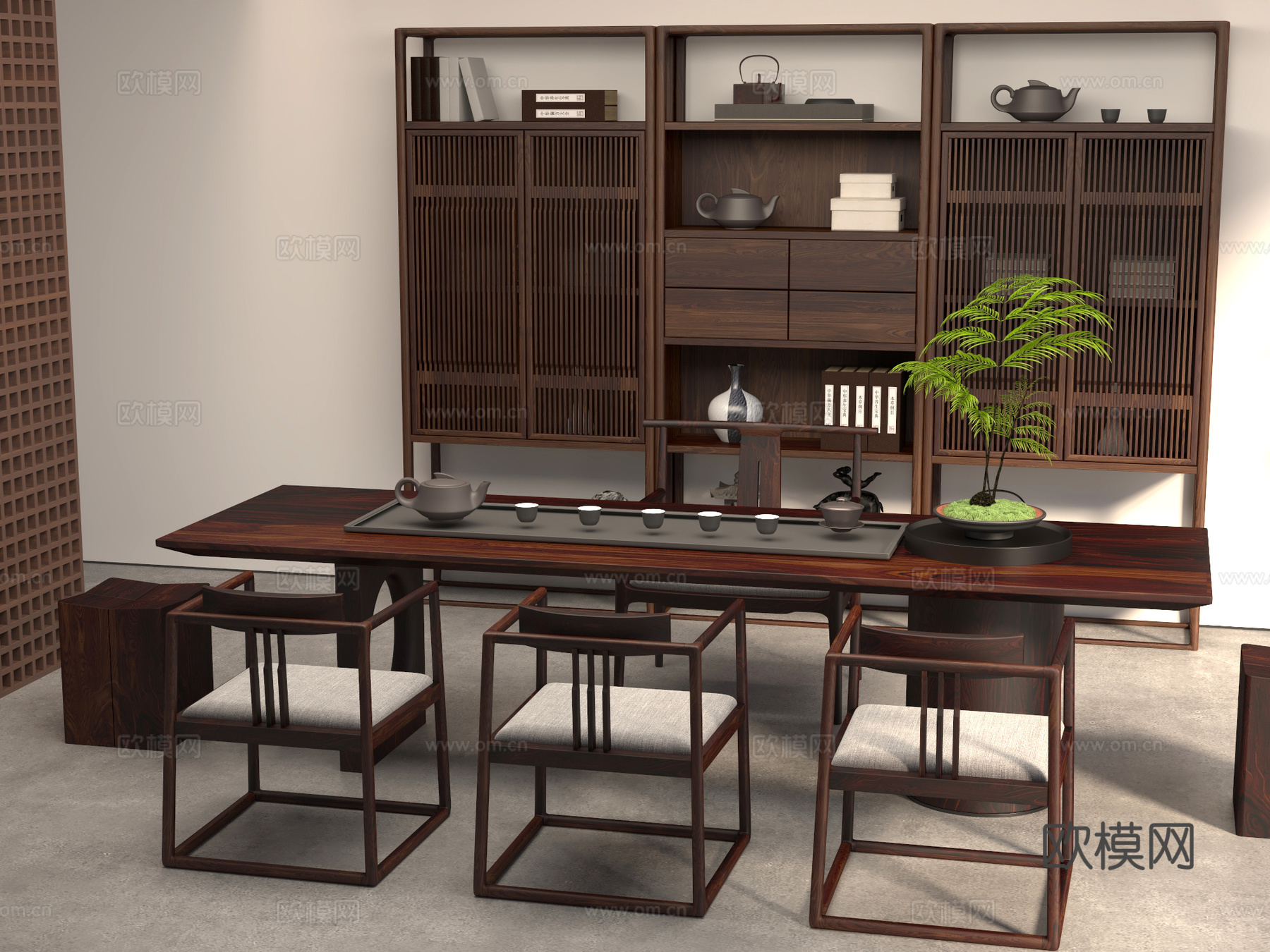新中式 桌椅 茶桌椅 茶几 茶具3d模型下载（渲染图1）