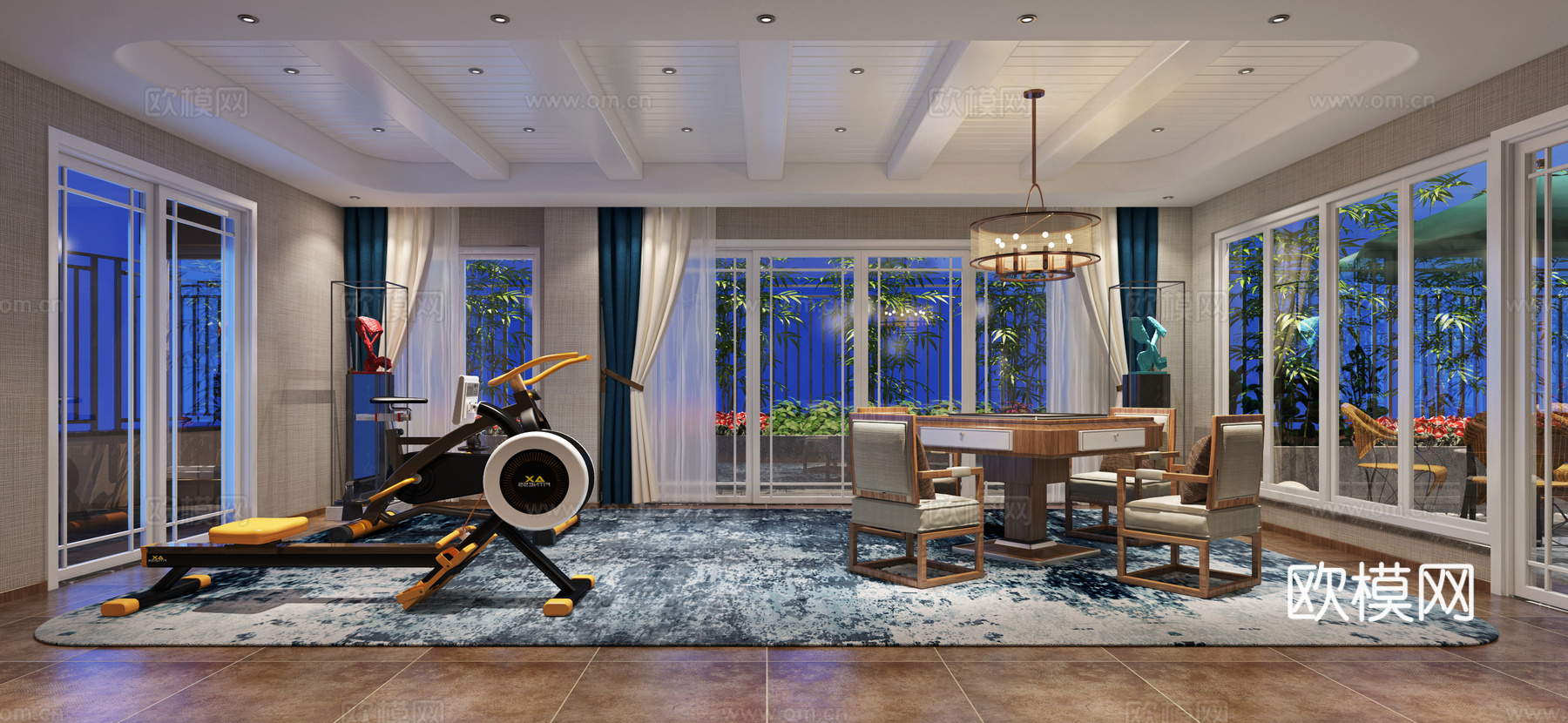 新中式健身房 麻将 露天花园3d模型下载（渲染图2）