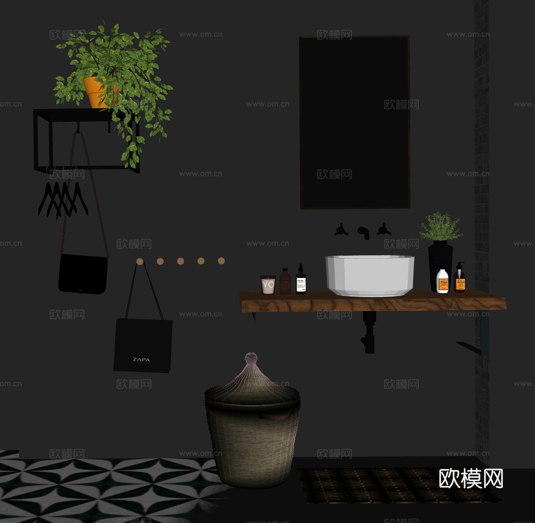 侘寂风洗漱台 洗护用品  装衣框 挎包手提包su模型