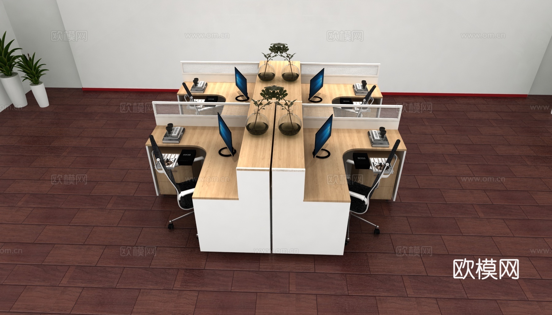 现代组合四人组合办公工位3d模型