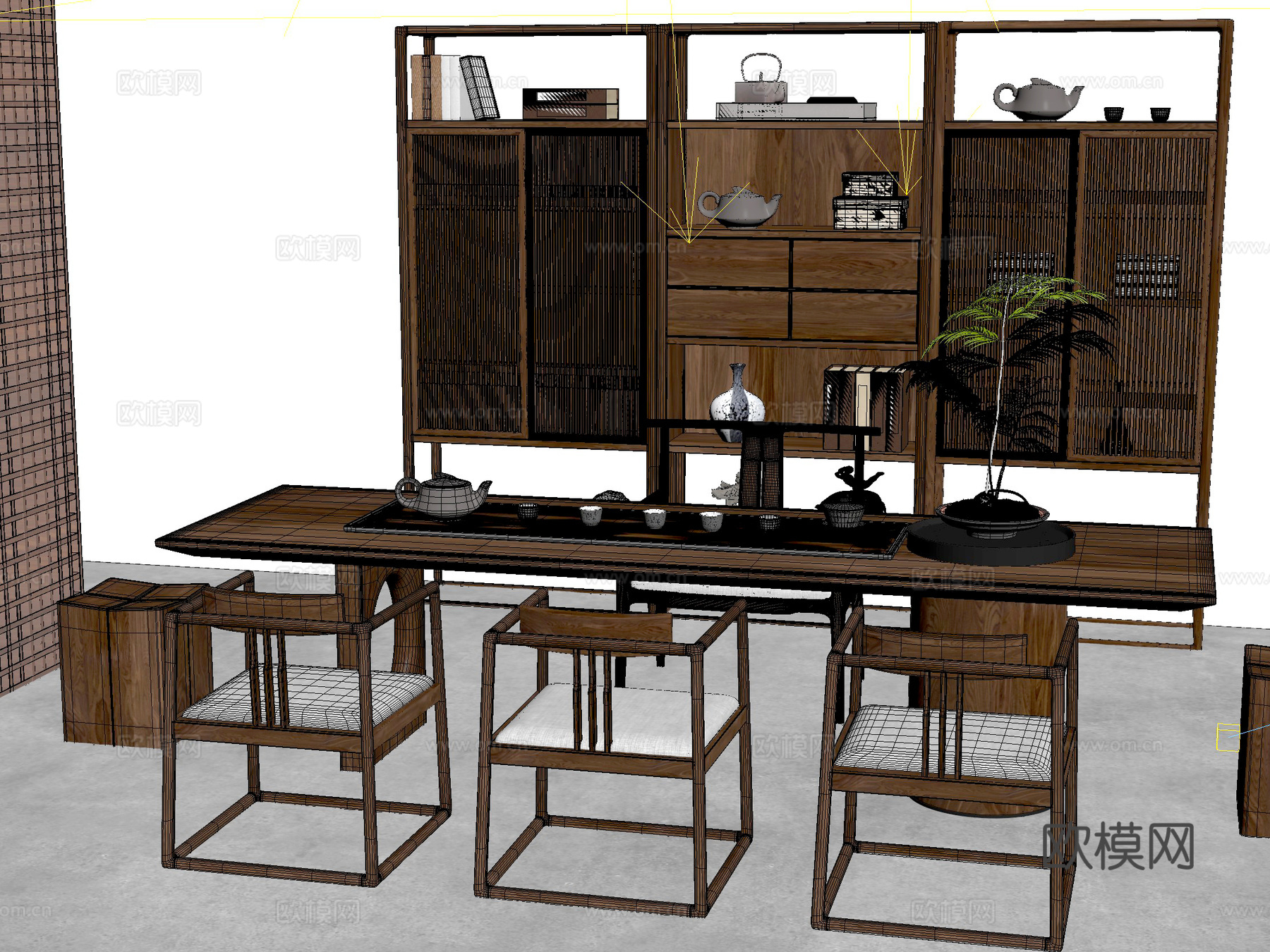 新中式 桌椅 茶桌椅 茶几 茶具3d模型下载（渲染图2）