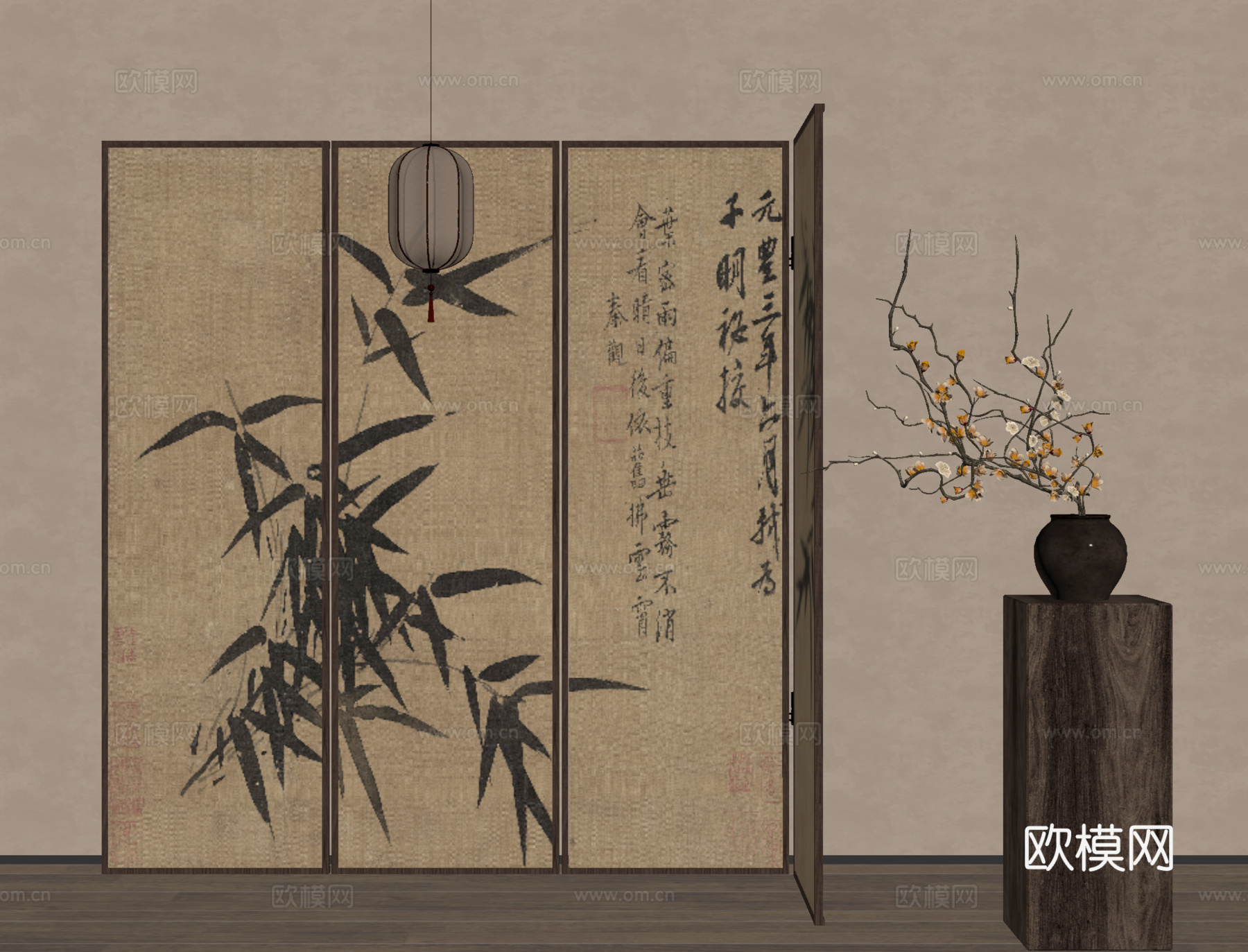 水墨画屏风 折叠屏风 隔断 花几 花瓶花艺su模型下载（渲染图2）