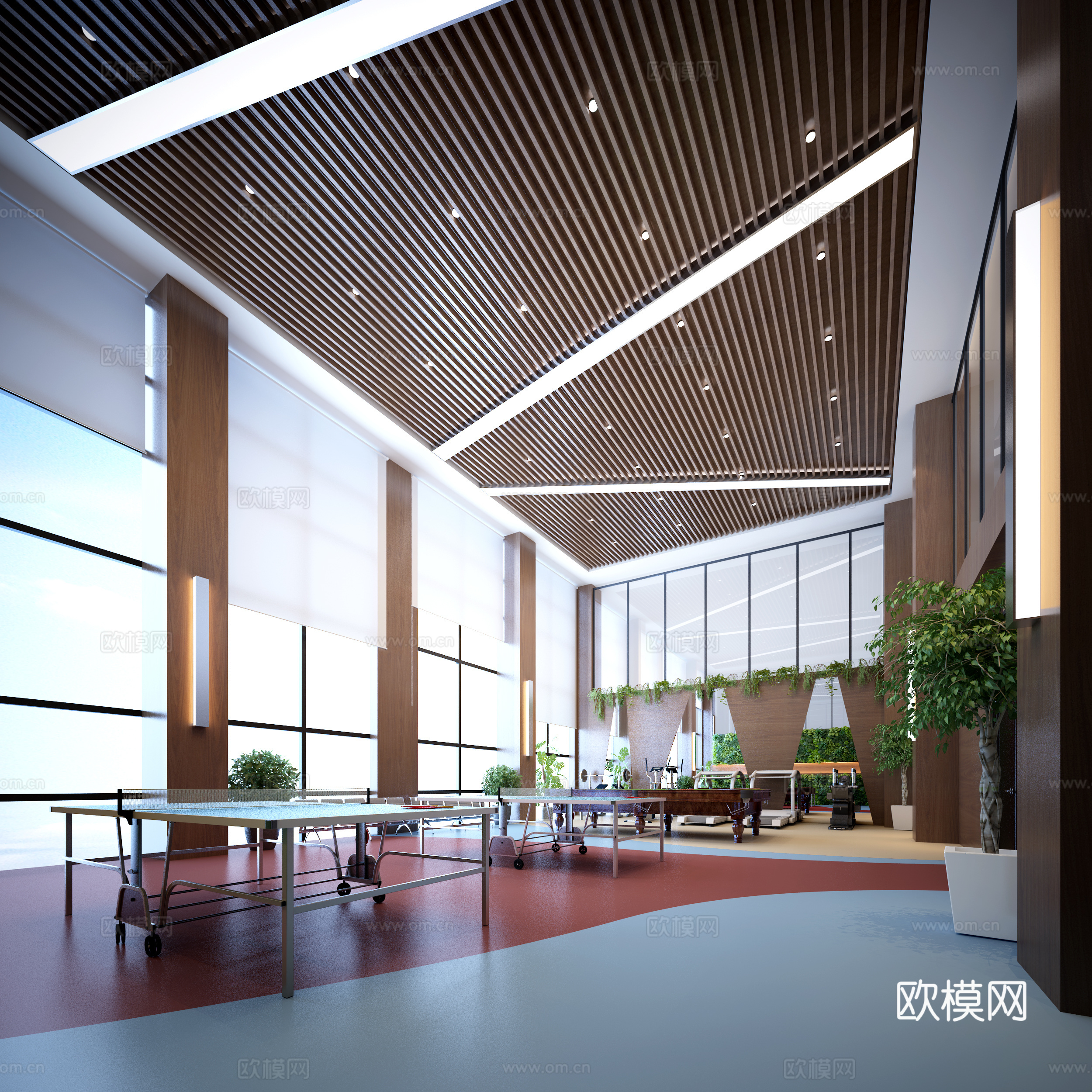 健身房 活动室 跑步机 斯诺克 桌球 乒乓球桌 健身器材3d模型