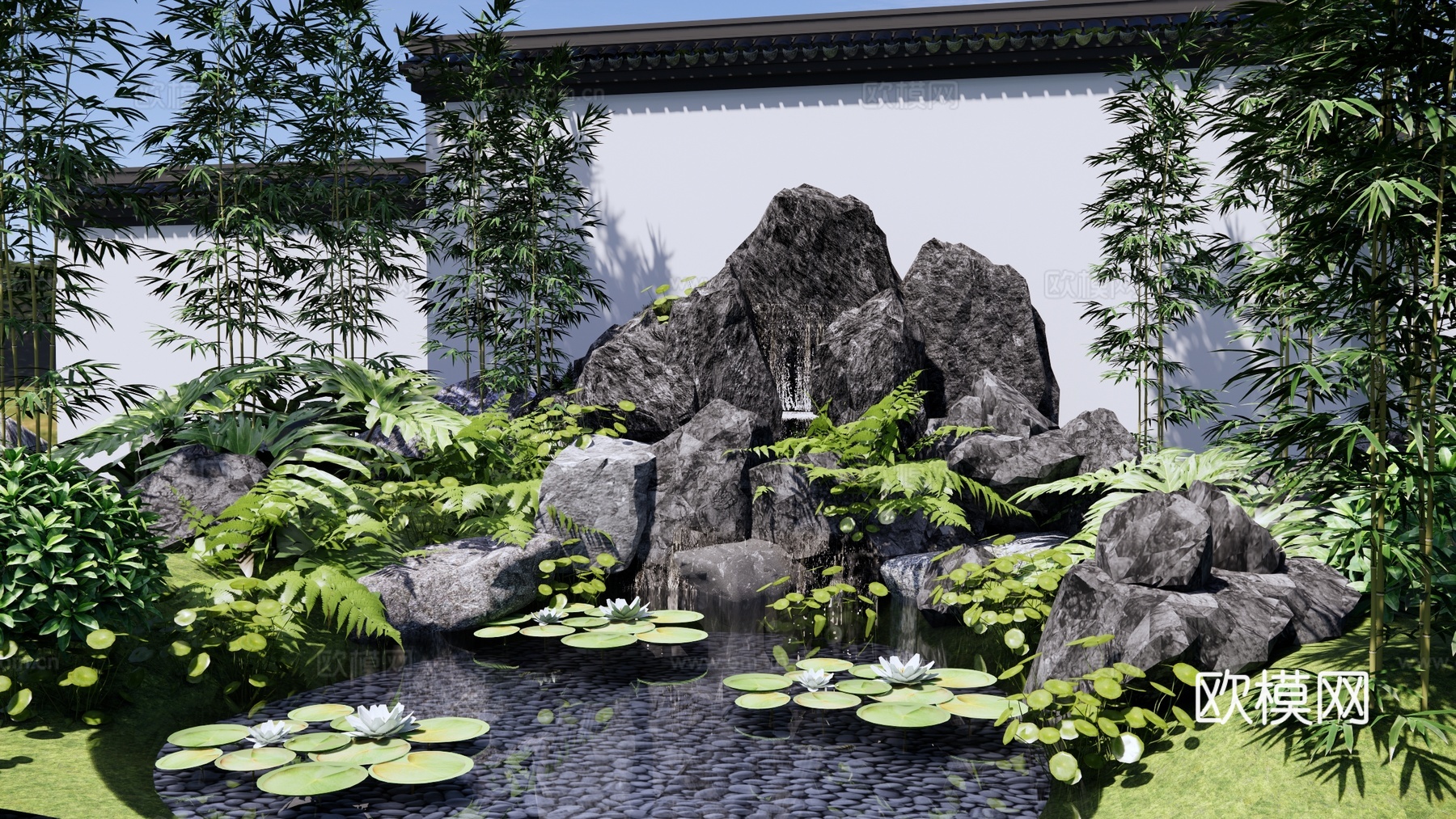 假山跌水景观 园林景观水池 假山叠水 庭园景观石头 植物组合su模型