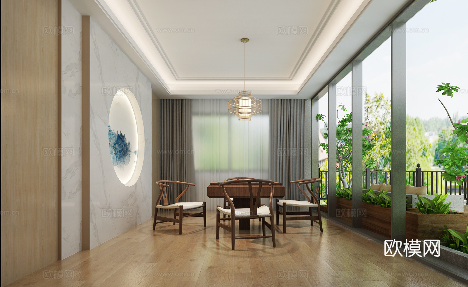 新中式别墅露台 阳台 绿植 餐桌椅 装饰画 物件摆件3d模型