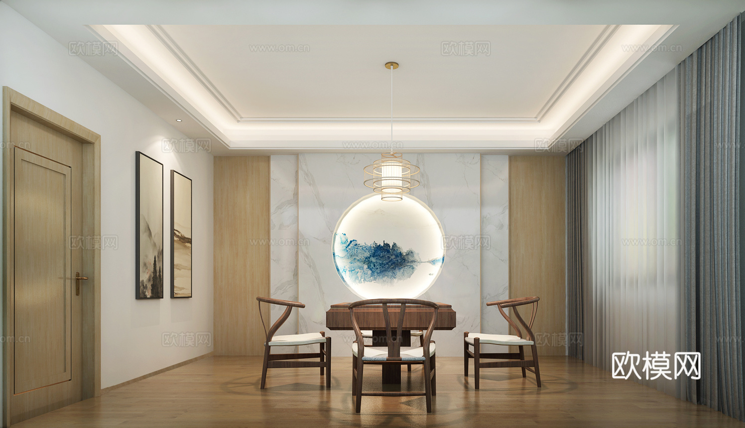 新中式别墅露台 阳台 绿植 餐桌椅 装饰画 物件摆件3d模型