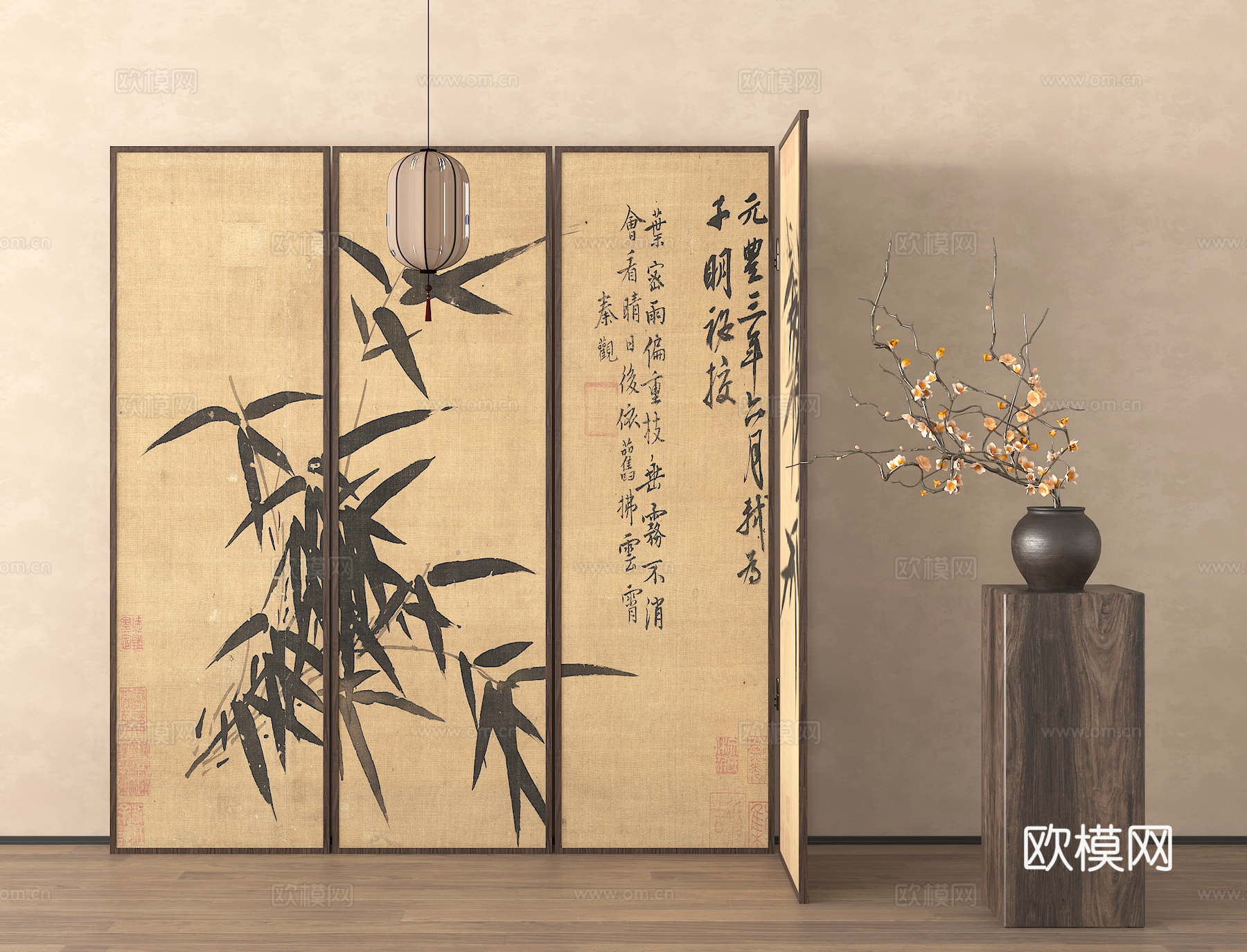 水墨画屏风 折叠屏风 隔断 花几 花瓶花艺su模型下载（渲染图1）
