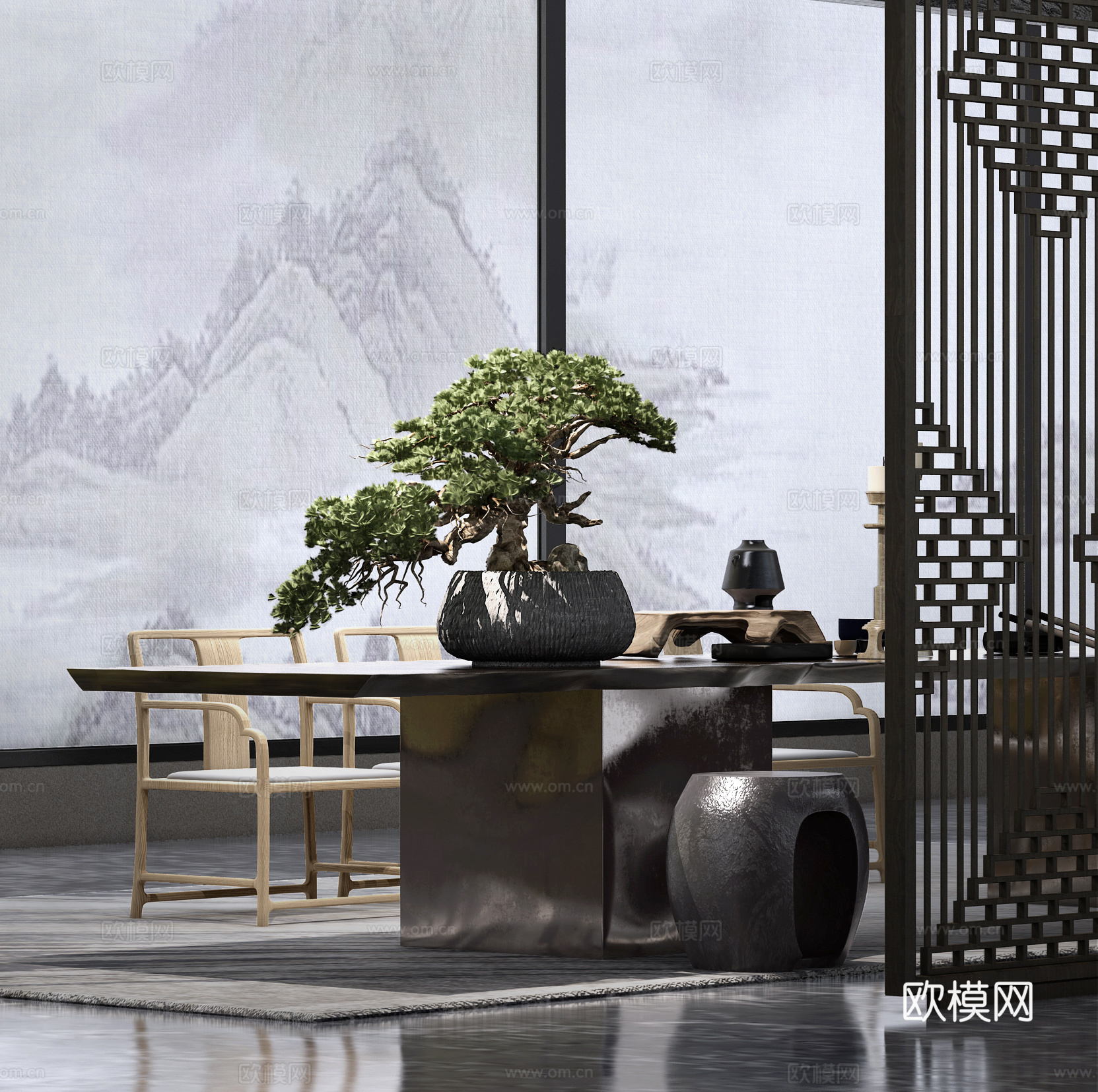 新中式绿植 盆景 盆栽 松树长桌 椅子 墩子 矮墩 花格3d模型