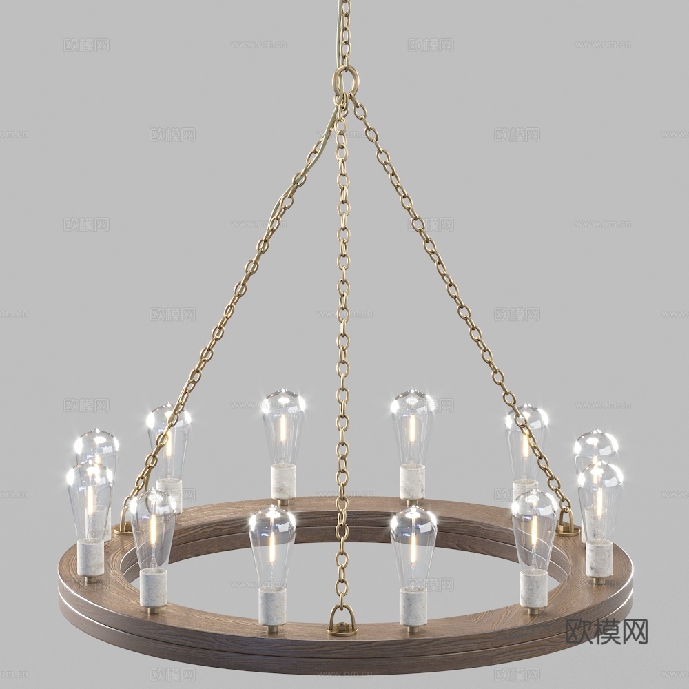 美式简约圆形木质装饰吊灯3d模型